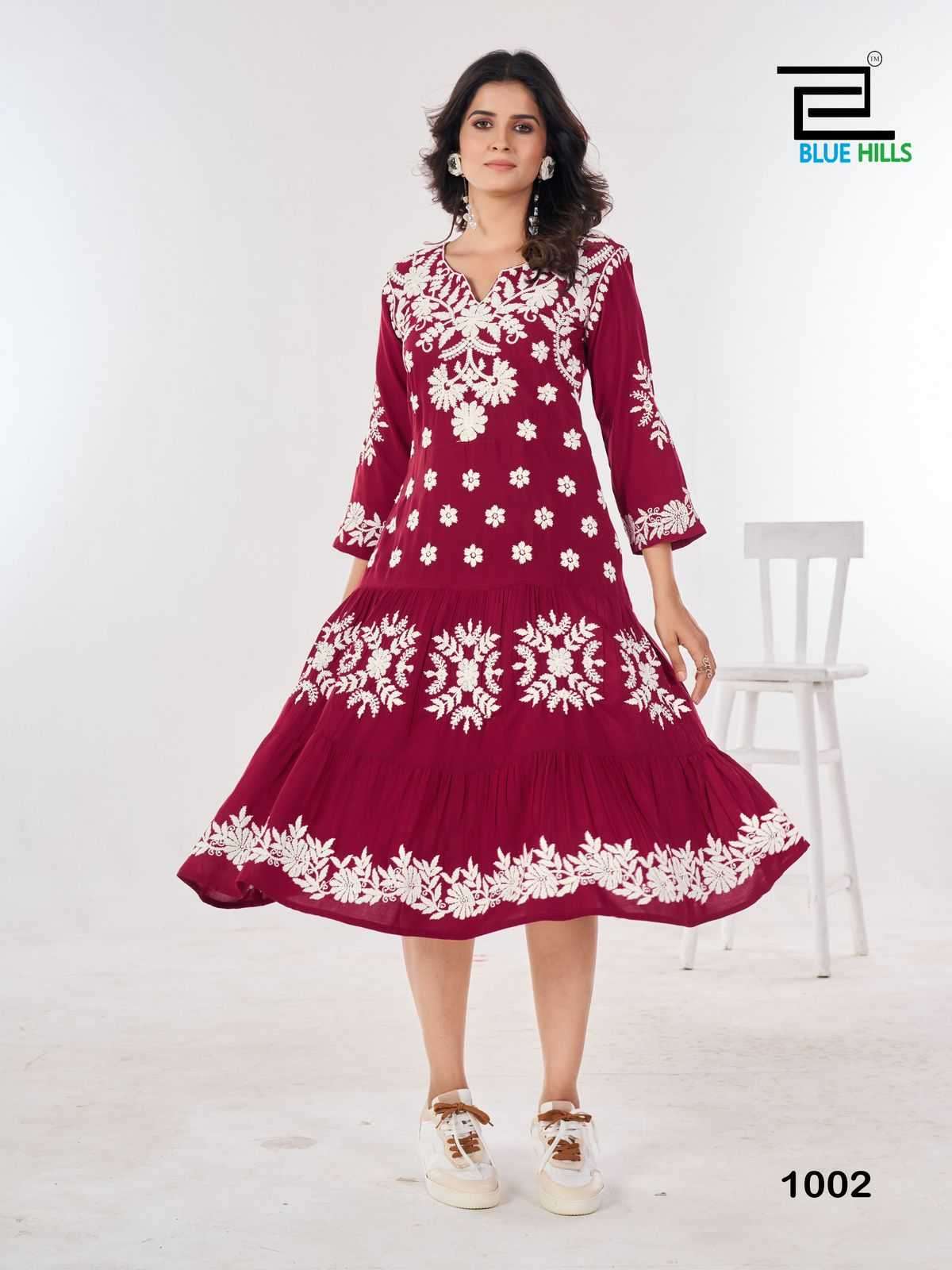 BLUE HILLS PRESENTS KIARA VOL-10 RAYON LUCKNOWI WORK FULL STITCH BIG SIZE STYLISH OUTFIT LONG KURTIS CATALOG WHOLESALER AND EXPORTER IN SURAT