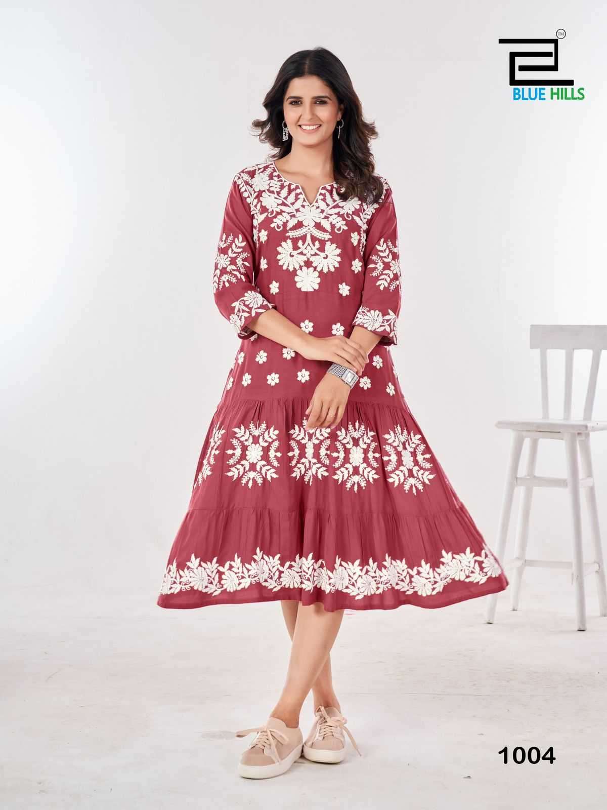 BLUE HILLS PRESENTS KIARA VOL-10 RAYON LUCKNOWI WORK FULL STITCH BIG SIZE STYLISH OUTFIT LONG KURTIS CATALOG WHOLESALER AND EXPORTER IN SURAT
