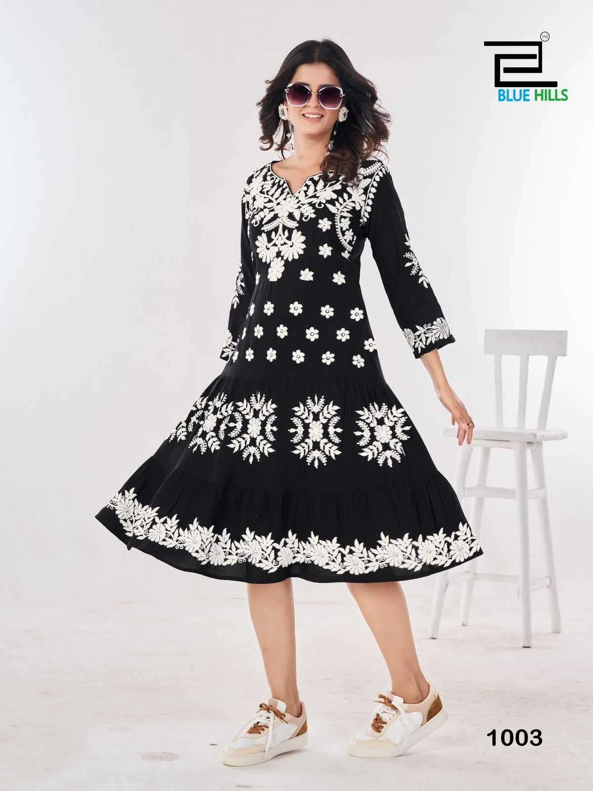 BLUE HILLS PRESENTS KIARA VOL-10 RAYON LUCKNOWI WORK FULL STITCH BIG SIZE STYLISH OUTFIT LONG KURTIS CATALOG WHOLESALER AND EXPORTER IN SURAT