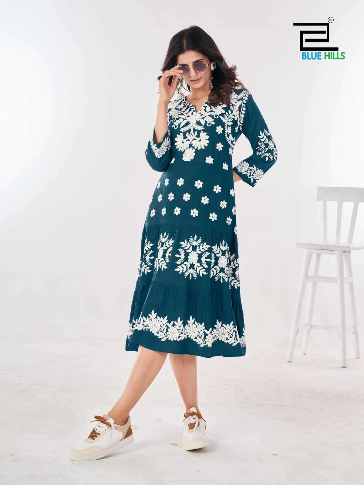 BLUE HILLS PRESENTS KIARA VOL-10 RAYON LUCKNOWI WORK FULL STITCH BIG SIZE STYLISH OUTFIT LONG KURTIS CATALOG WHOLESALER AND EXPORTER IN SURAT