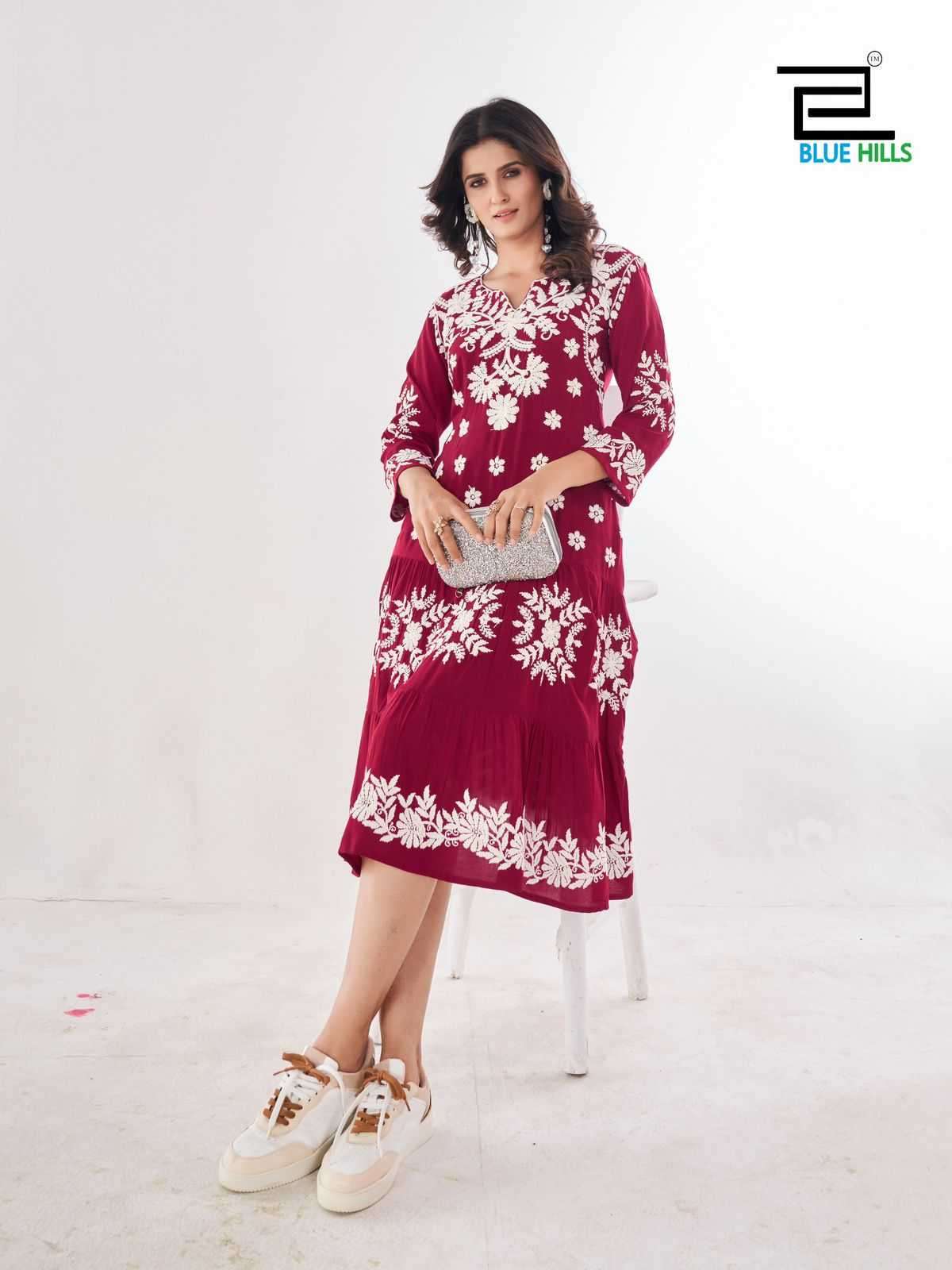 BLUE HILLS PRESENTS KIARA VOL-10 RAYON LUCKNOWI WORK FULL STITCH BIG SIZE STYLISH OUTFIT LONG KURTIS CATALOG WHOLESALER AND EXPORTER IN SURAT