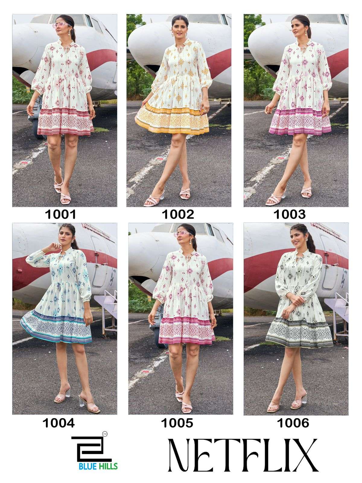 BLUE HILLS PRESENTS NETFLIX RAYON TUNIC STYLE FANCY READYMADE SHORT MIDI DRESS CATALOG WHOLESALER AND EXPORTER 