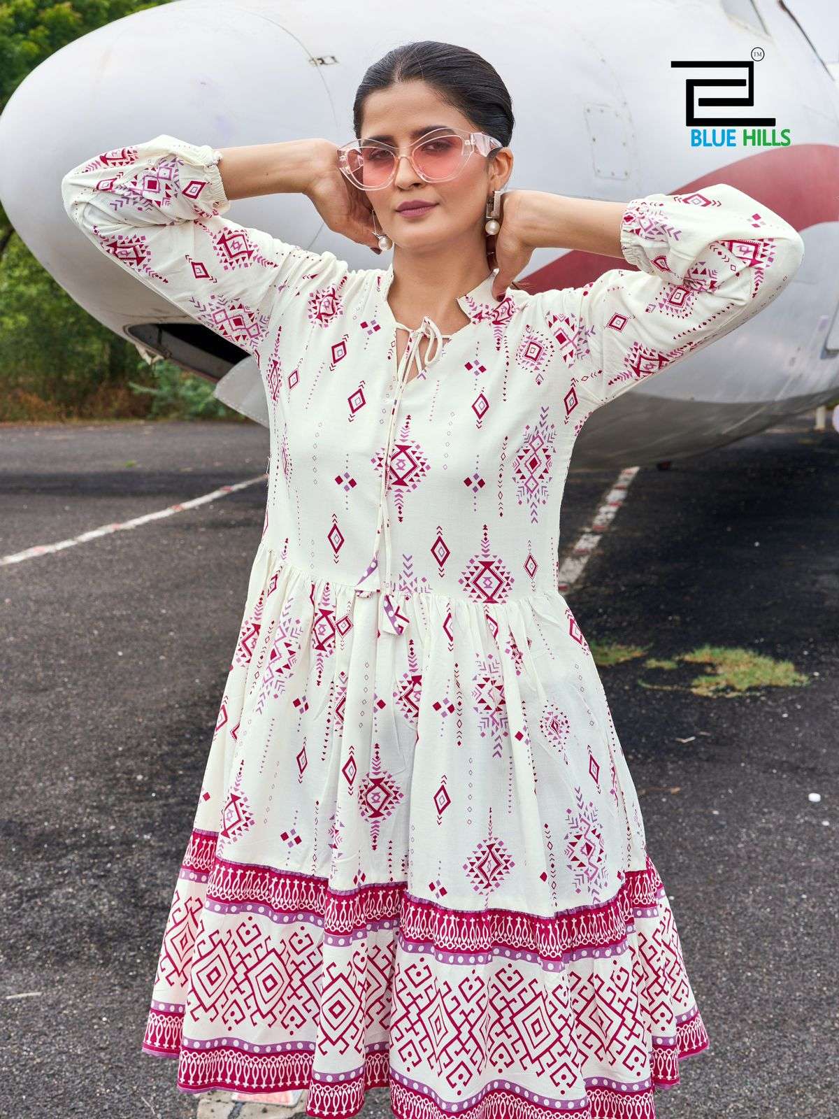 BLUE HILLS PRESENTS NETFLIX RAYON TUNIC STYLE FANCY READYMADE SHORT MIDI DRESS CATALOG WHOLESALER AND EXPORTER 