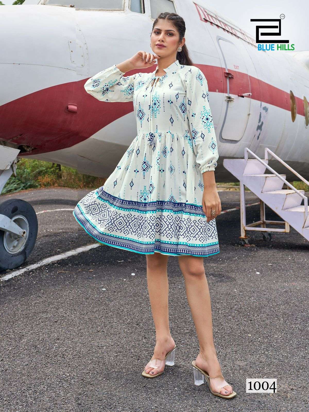 BLUE HILLS PRESENTS NETFLIX RAYON TUNIC STYLE FANCY READYMADE SHORT MIDI DRESS CATALOG WHOLESALER AND EXPORTER 