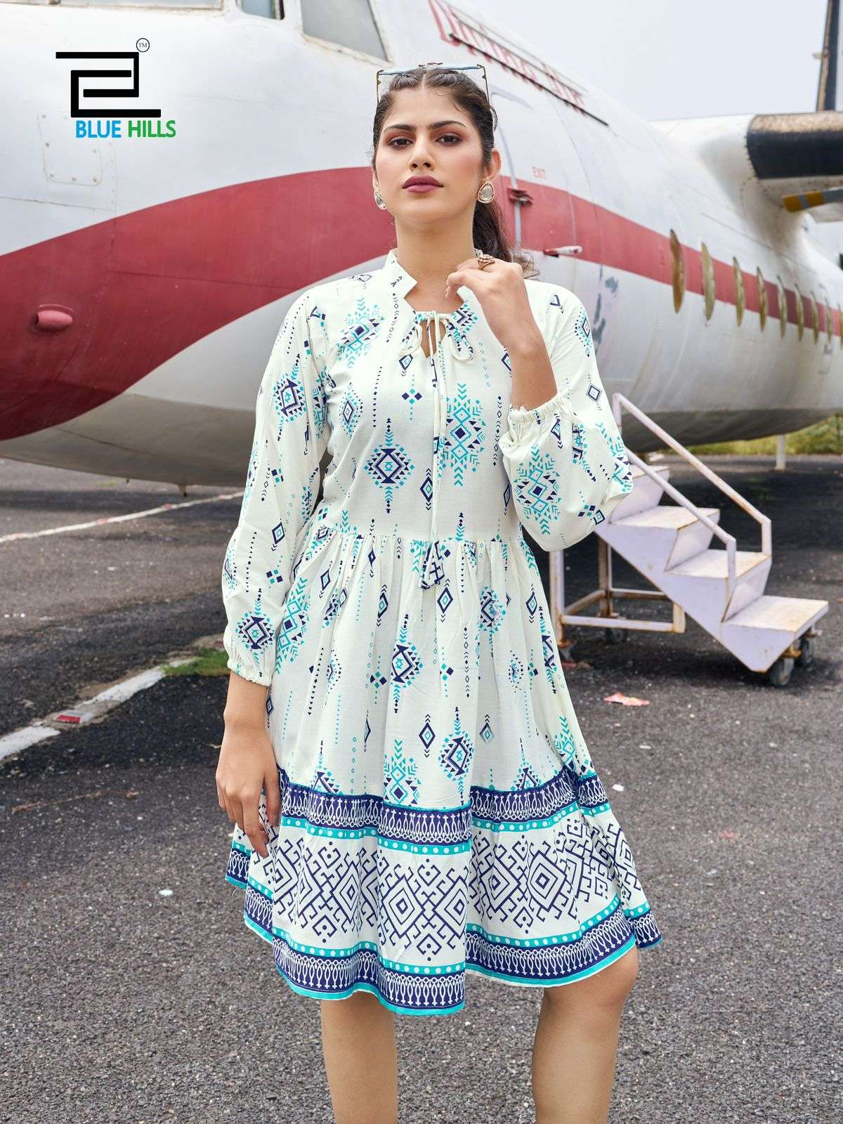 BLUE HILLS PRESENTS NETFLIX RAYON TUNIC STYLE FANCY READYMADE SHORT MIDI DRESS CATALOG WHOLESALER AND EXPORTER 