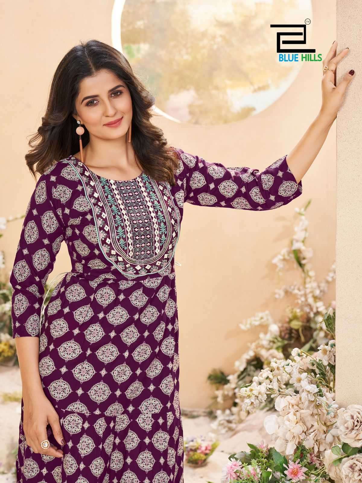 BLUE HILLS PRESENTS SARFARAZ VOL-15 RAYON PRINT NECK EMBROIDERY FULL STITCH BIG SIZE GOWN STYLE KURTI CATALOG WHOLESALER AND EXPORTER IN SURAT
