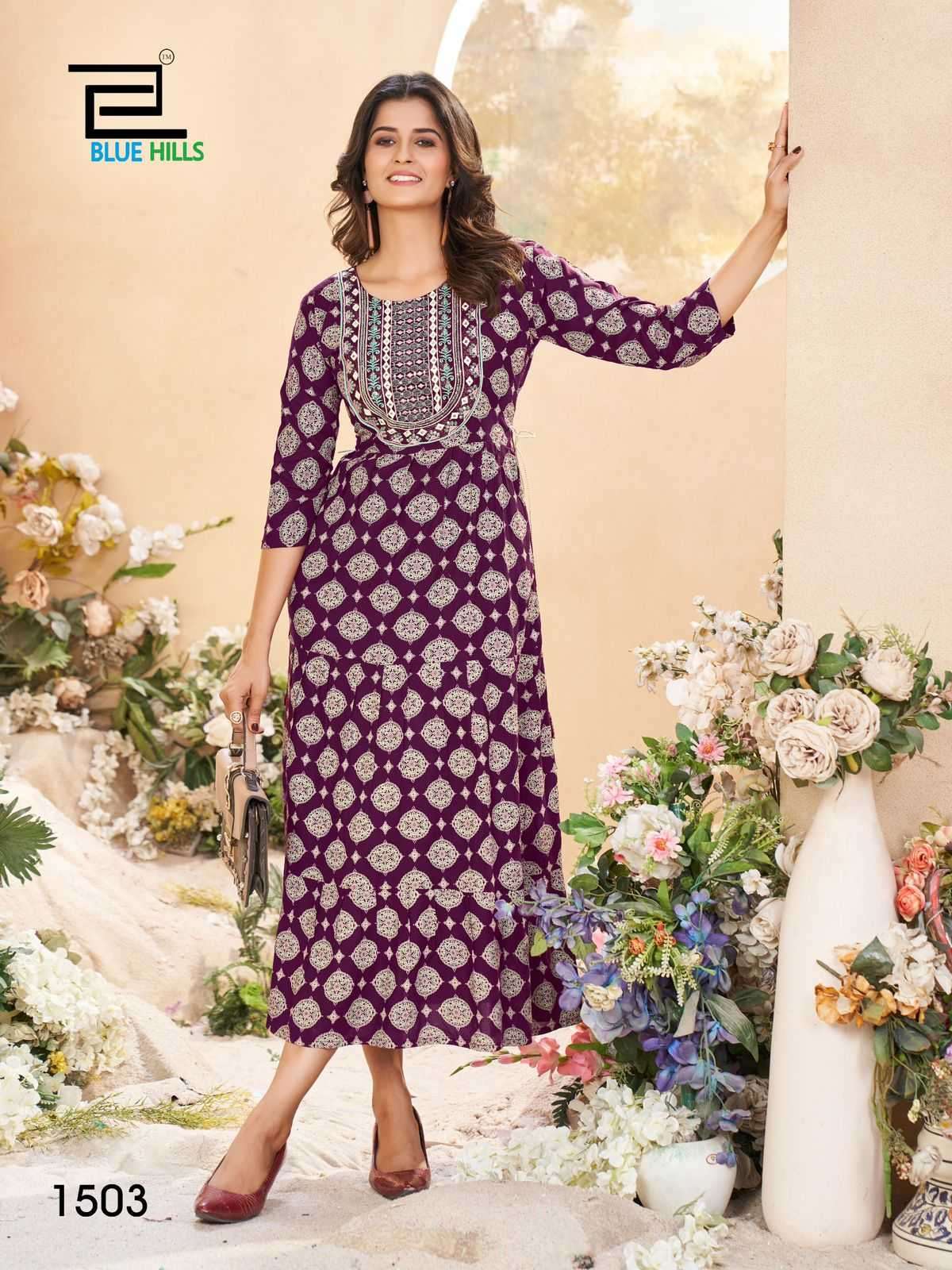 BLUE HILLS PRESENTS SARFARAZ VOL-15 RAYON PRINT NECK EMBROIDERY FULL STITCH BIG SIZE GOWN STYLE KURTI CATALOG WHOLESALER AND EXPORTER IN SURAT