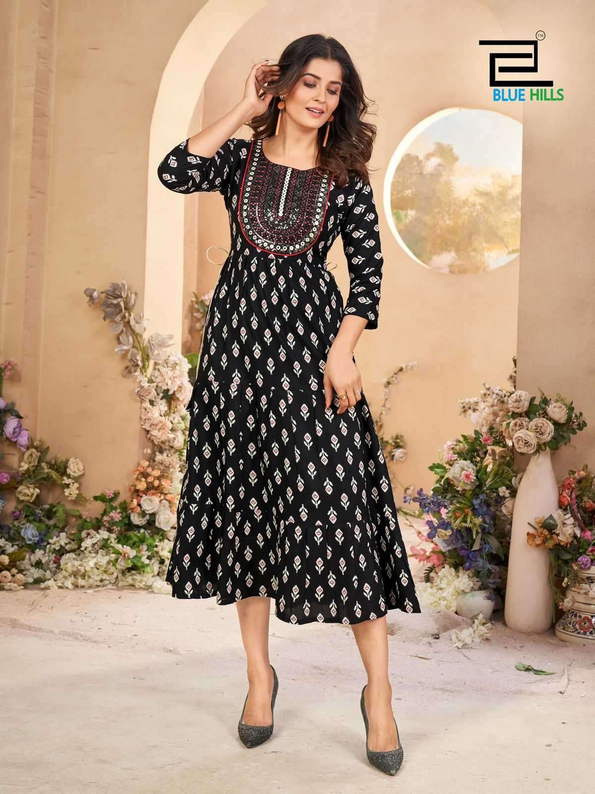 BLUE HILLS PRESENTS SARFARAZ VOL-15 RAYON PRINT NECK EMBROIDERY FULL STITCH BIG SIZE GOWN STYLE KURTI CATALOG WHOLESALER AND EXPORTER IN SURAT
