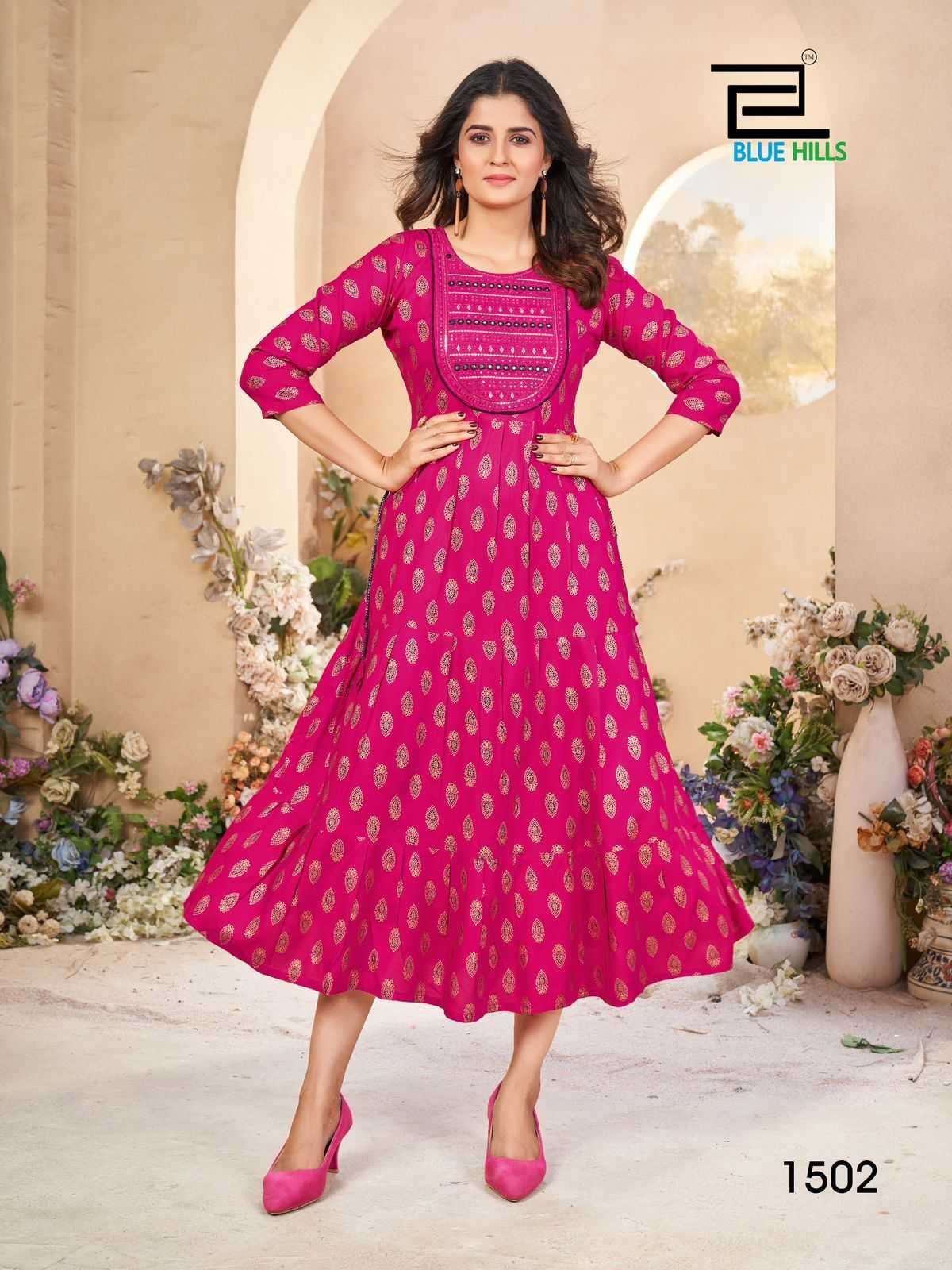 BLUE HILLS PRESENTS SARFARAZ VOL-15 RAYON PRINT NECK EMBROIDERY FULL STITCH BIG SIZE GOWN STYLE KURTI CATALOG WHOLESALER AND EXPORTER IN SURAT