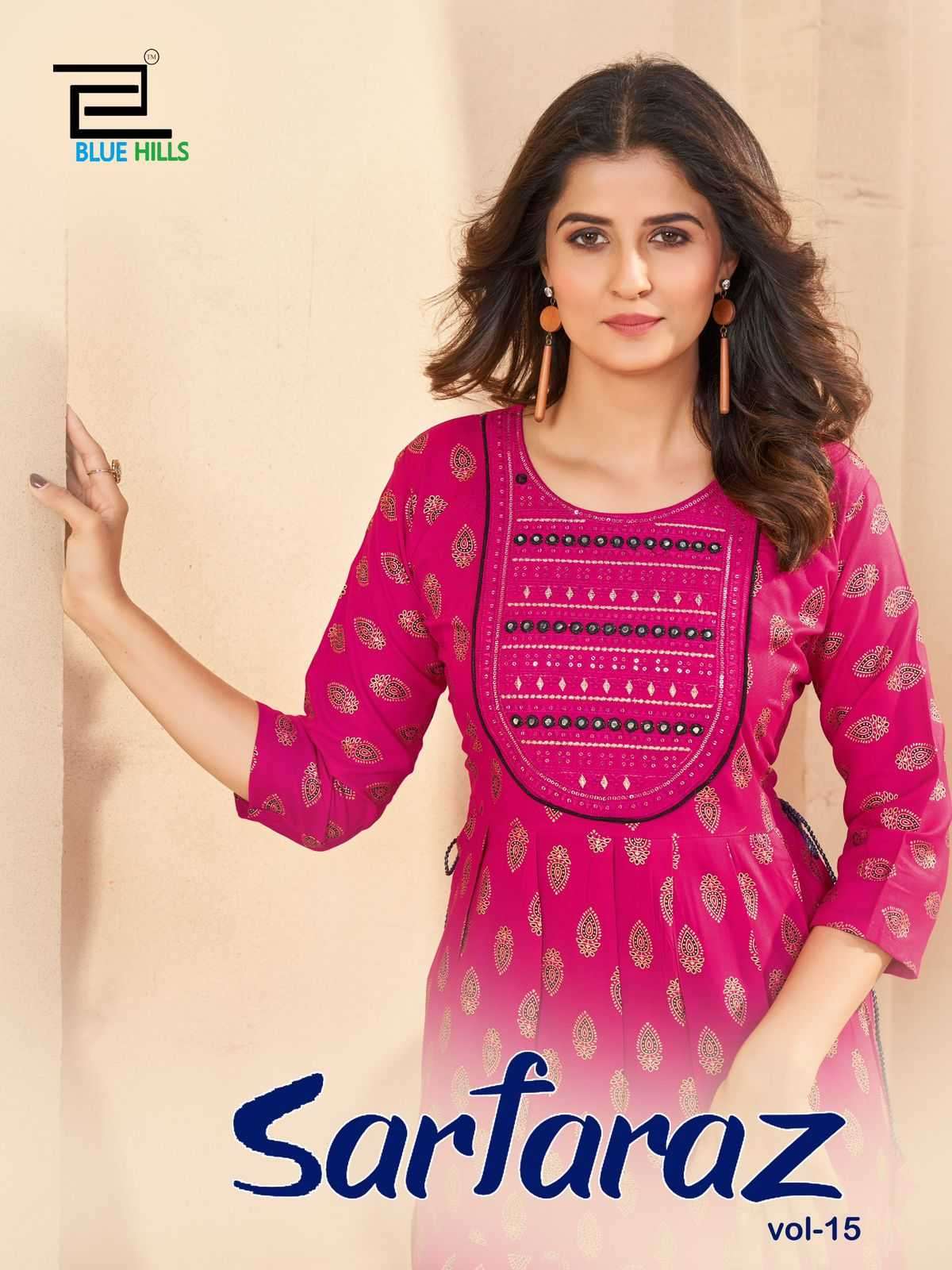 BLUE HILLS PRESENTS SARFARAZ VOL-15 RAYON PRINT NECK EMBROIDERY FULL STITCH BIG SIZE GOWN STYLE KURTI CATALOG WHOLESALER AND EXPORTER IN SURAT