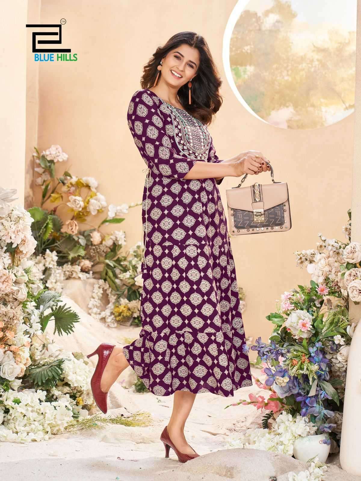 BLUE HILLS PRESENTS SARFARAZ VOL-15 RAYON PRINT NECK EMBROIDERY FULL STITCH BIG SIZE GOWN STYLE KURTI CATALOG WHOLESALER AND EXPORTER IN SURAT