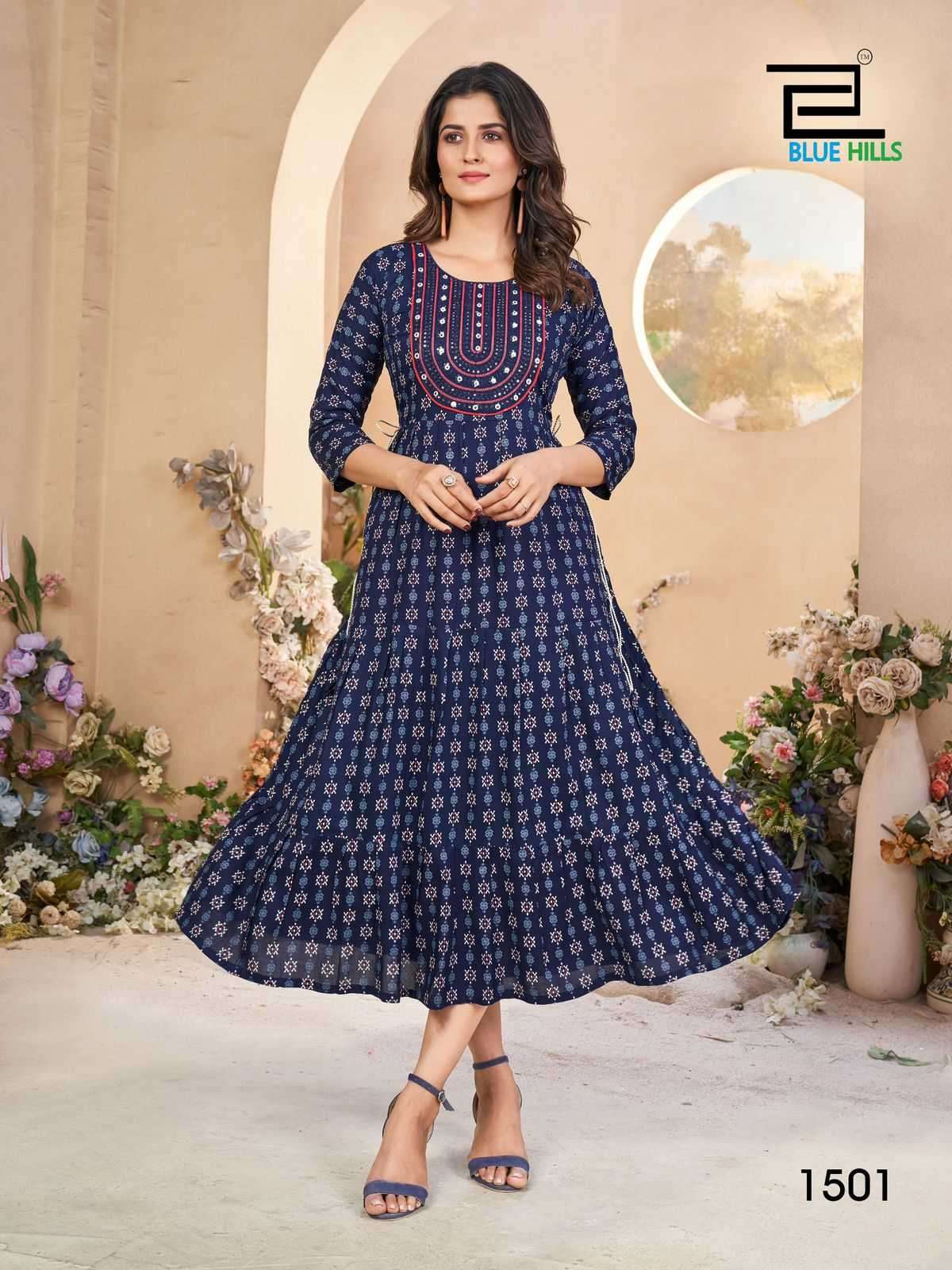 BLUE HILLS PRESENTS SARFARAZ VOL-15 RAYON PRINT NECK EMBROIDERY FULL STITCH BIG SIZE GOWN STYLE KURTI CATALOG WHOLESALER AND EXPORTER IN SURAT