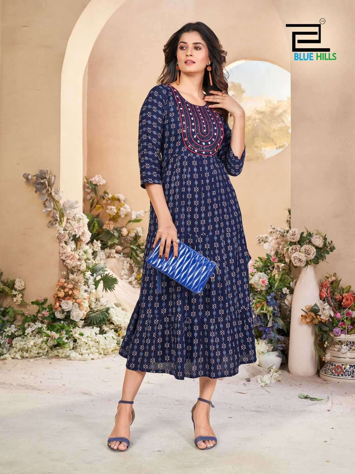 BLUE HILLS PRESENTS SARFARAZ VOL-15 RAYON PRINT NECK EMBROIDERY FULL STITCH BIG SIZE GOWN STYLE KURTI CATALOG WHOLESALER AND EXPORTER IN SURAT
