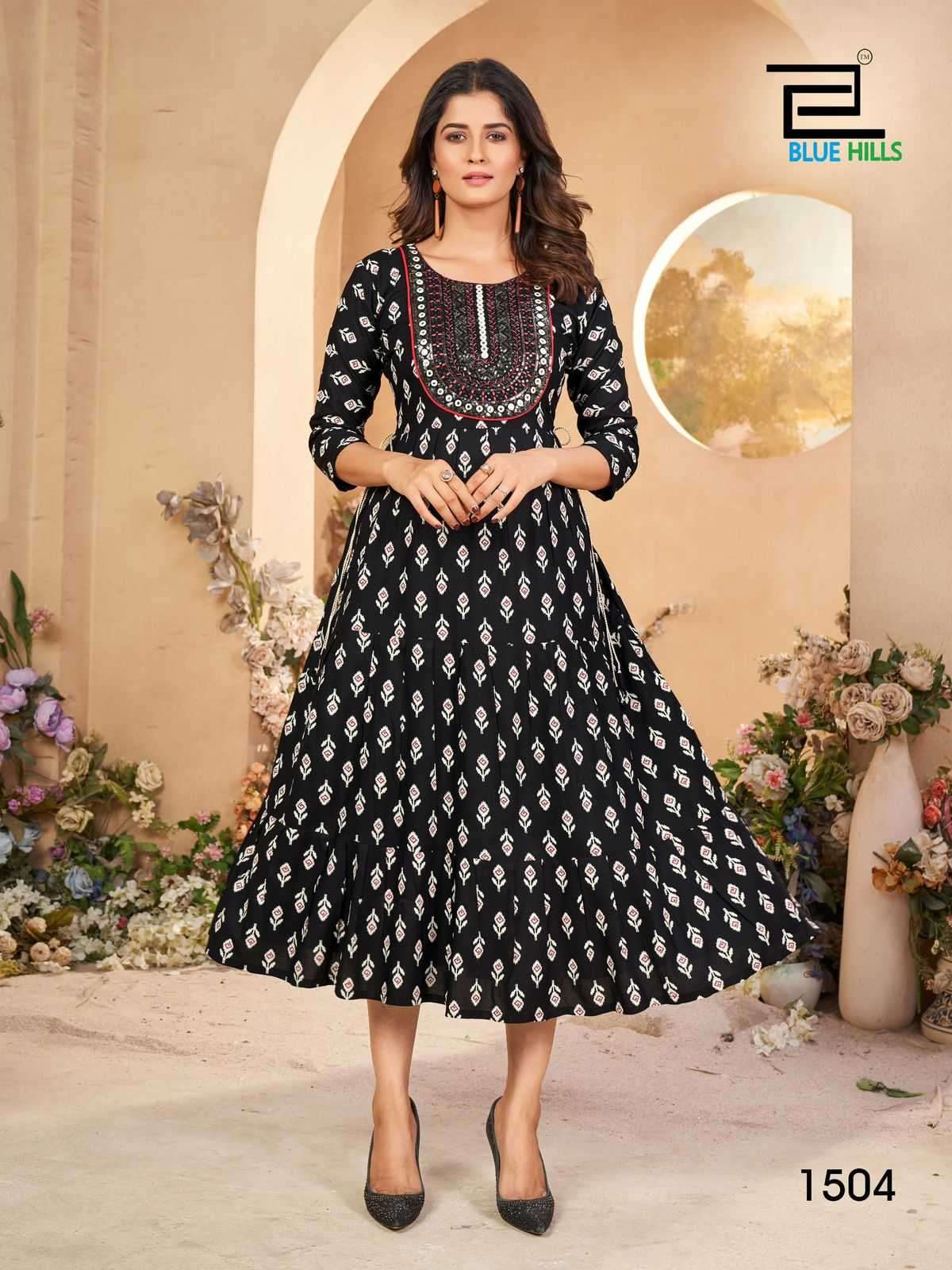 BLUE HILLS PRESENTS SARFARAZ VOL-15 RAYON PRINT NECK EMBROIDERY FULL STITCH BIG SIZE GOWN STYLE KURTI CATALOG WHOLESALER AND EXPORTER IN SURAT