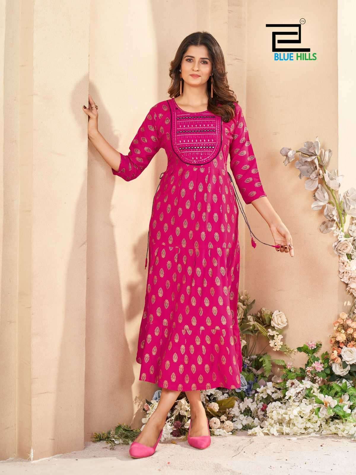BLUE HILLS PRESENTS SARFARAZ VOL-15 RAYON PRINT NECK EMBROIDERY FULL STITCH BIG SIZE GOWN STYLE KURTI CATALOG WHOLESALER AND EXPORTER IN SURAT