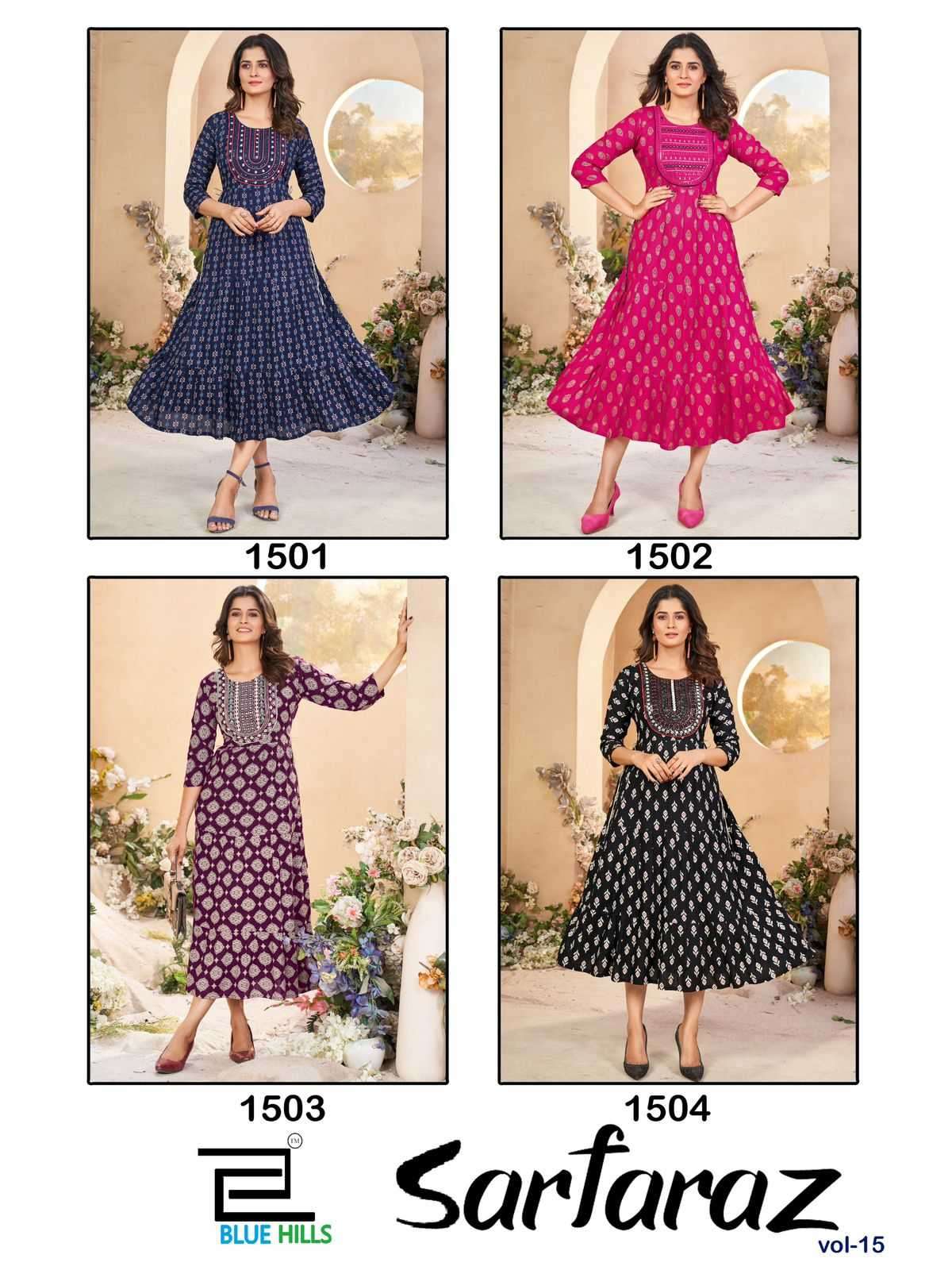 BLUE HILLS PRESENTS SARFARAZ VOL-15 RAYON PRINT NECK EMBROIDERY FULL STITCH BIG SIZE GOWN STYLE KURTI CATALOG WHOLESALER AND EXPORTER IN SURAT