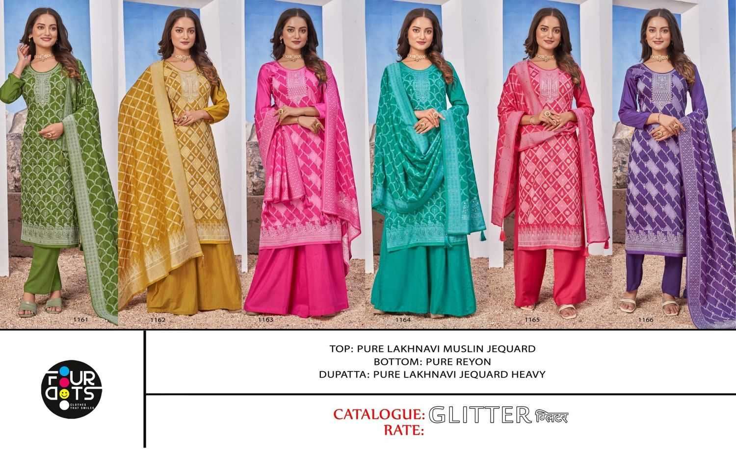 FOURDOTS PRESENTS GLITTER LAKHNAVI WORK DESIGNER MUSLIN JACQUARD UNSTITCH DRESS MATERIAL CATALOG WHOLESALER AND EXPORTER IN SURAT