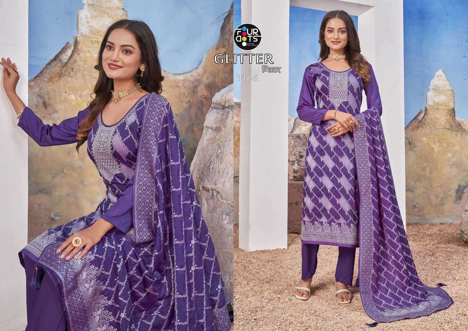 FOURDOTS PRESENTS GLITTER LAKHNAVI WORK DESIGNER MUSLIN JACQUARD UNSTITCH DRESS MATERIAL CATALOG WHOLESALER AND EXPORTER IN SURAT