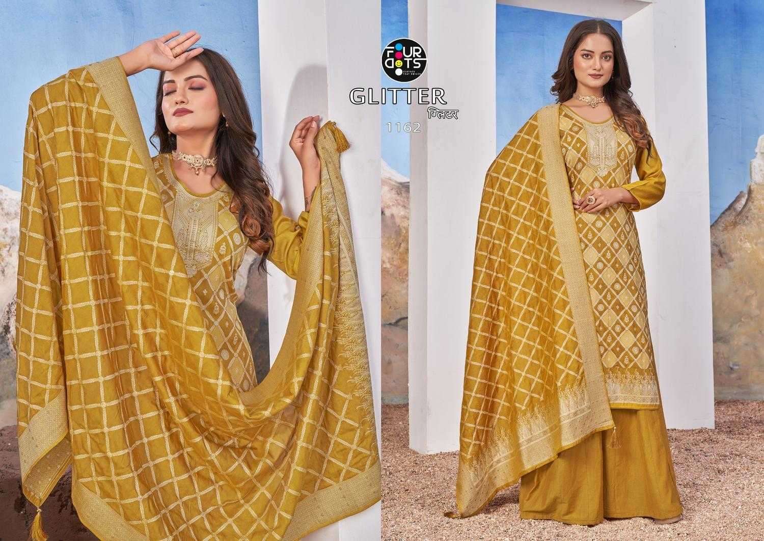 FOURDOTS PRESENTS GLITTER LAKHNAVI WORK DESIGNER MUSLIN JACQUARD UNSTITCH DRESS MATERIAL CATALOG WHOLESALER AND EXPORTER IN SURAT