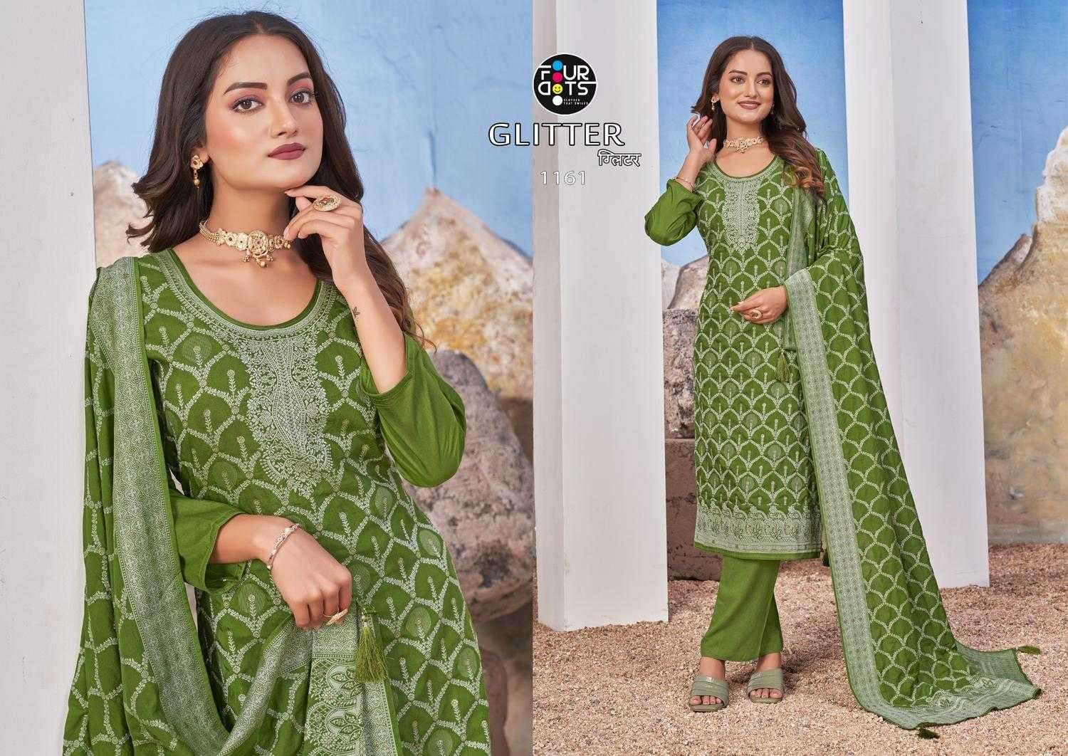 FOURDOTS PRESENTS GLITTER LAKHNAVI WORK DESIGNER MUSLIN JACQUARD UNSTITCH DRESS MATERIAL CATALOG WHOLESALER AND EXPORTER IN SURAT