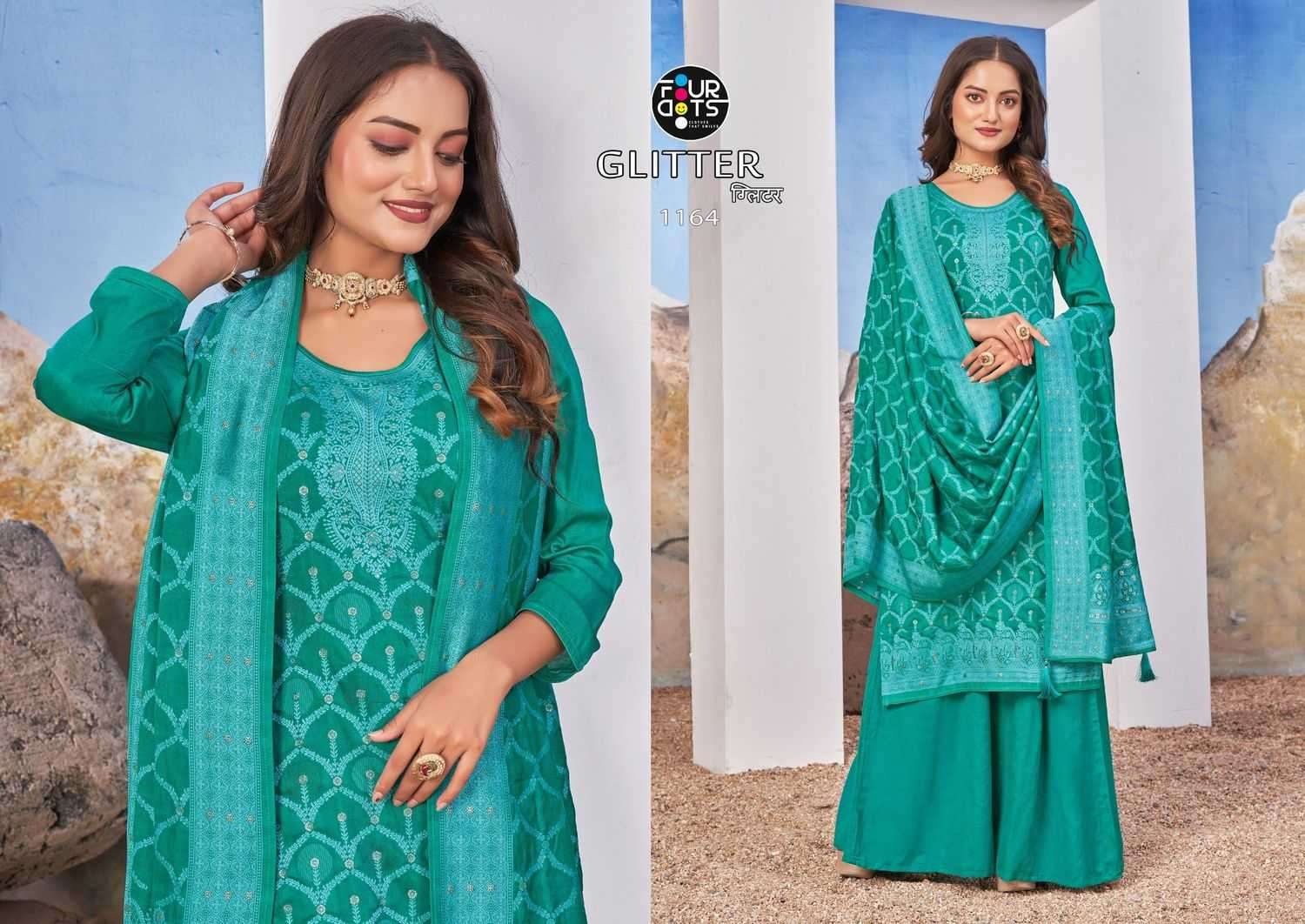 FOURDOTS PRESENTS GLITTER LAKHNAVI WORK DESIGNER MUSLIN JACQUARD UNSTITCH DRESS MATERIAL CATALOG WHOLESALER AND EXPORTER IN SURAT
