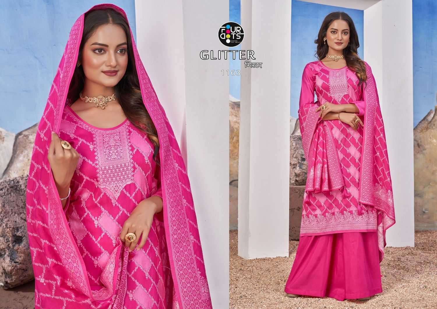 FOURDOTS PRESENTS GLITTER LAKHNAVI WORK DESIGNER MUSLIN JACQUARD UNSTITCH DRESS MATERIAL CATALOG WHOLESALER AND EXPORTER IN SURAT
