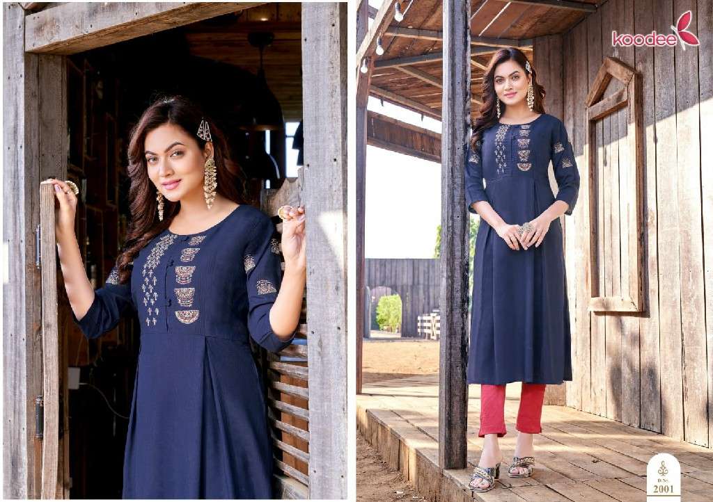 Koodee Presents Morni Vol-2 Nayra Cut Fancy Rayon Kurti Catalog Wholesaler And Exporter In Surat