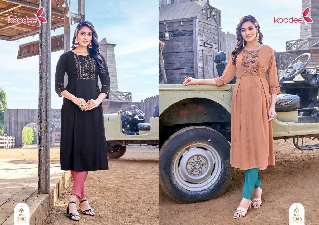 Koodee Presents Morni Vol-2 Nayra Cut Fancy Rayon Kurti Catalog Wholesaler And Exporter In Surat