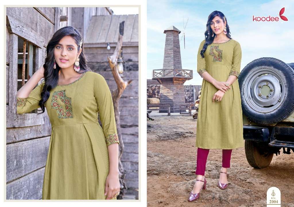 Koodee Presents Morni Vol-2 Nayra Cut Fancy Rayon Kurti Catalog Wholesaler And Exporter In Surat