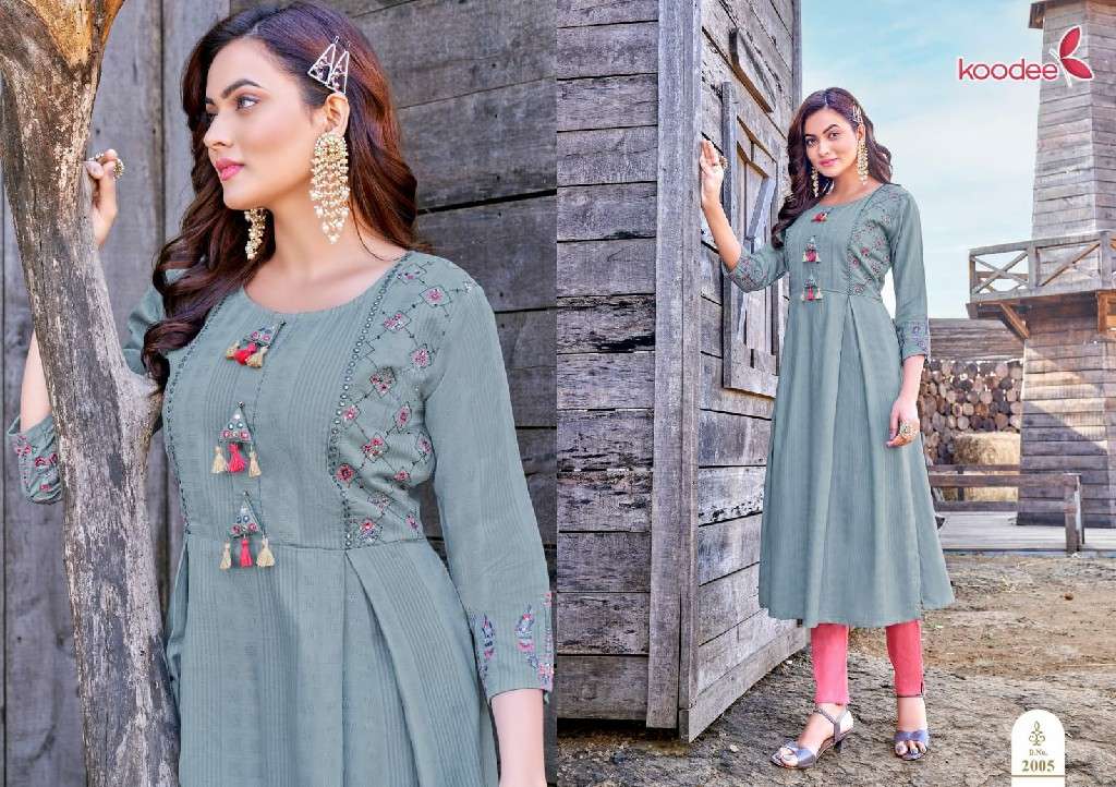 Koodee Presents Morni Vol-2 Nayra Cut Fancy Rayon Kurti Catalog Wholesaler And Exporter In Surat