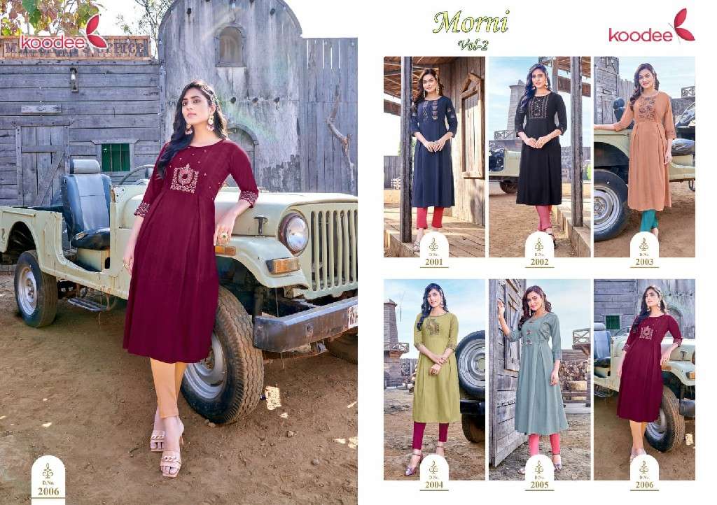 Koodee Presents Morni Vol-2 Nayra Cut Fancy Rayon Kurti Catalog Wholesaler And Exporter In Surat