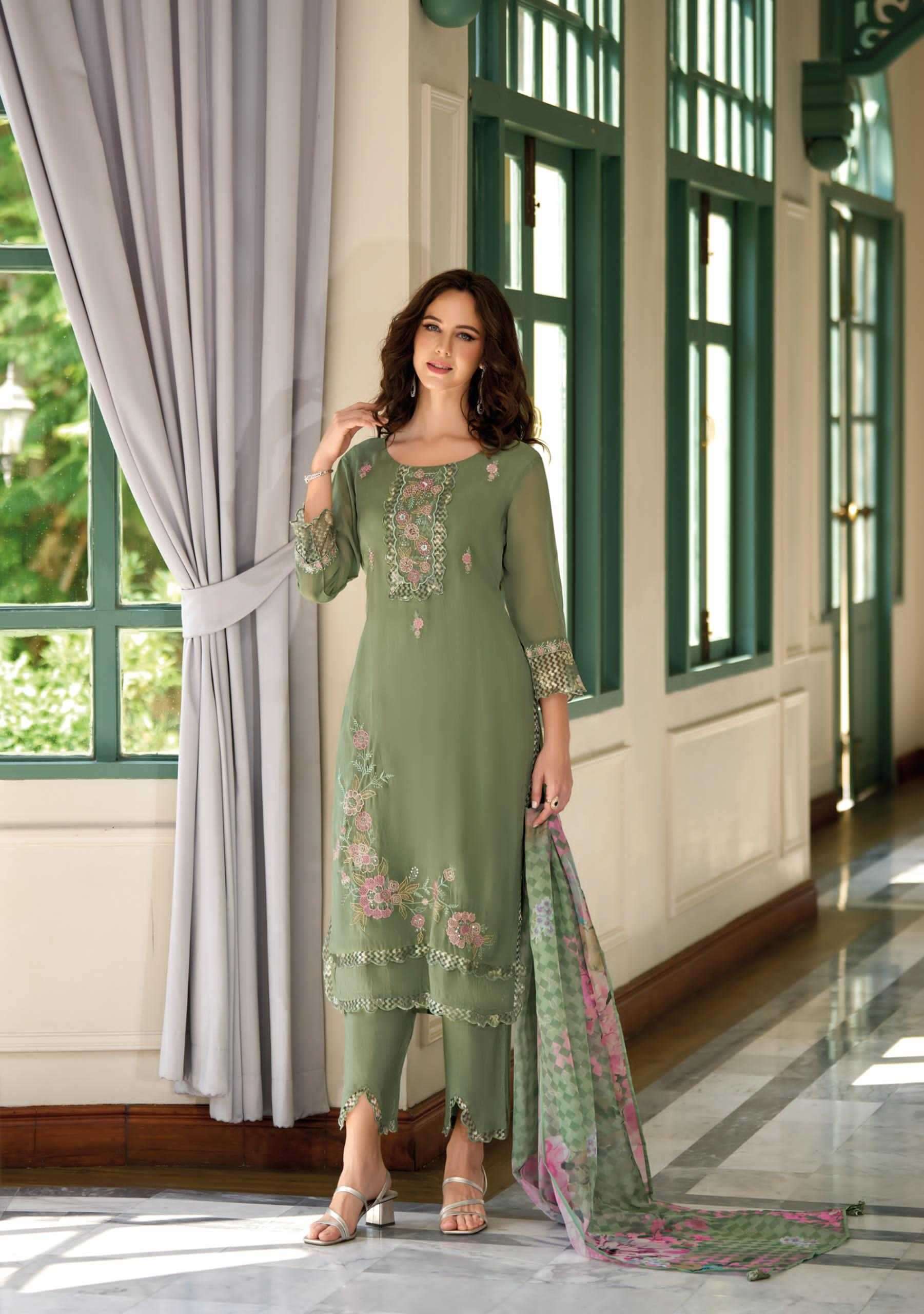 LADY LEELA PRESENTS INAYA ORGANZA OCCASION WEAR STYLISH HANDWORK FULL STITCH 3PCS KURTIS CATALOG WHOLESALER AND EXPORTER IN SURAT