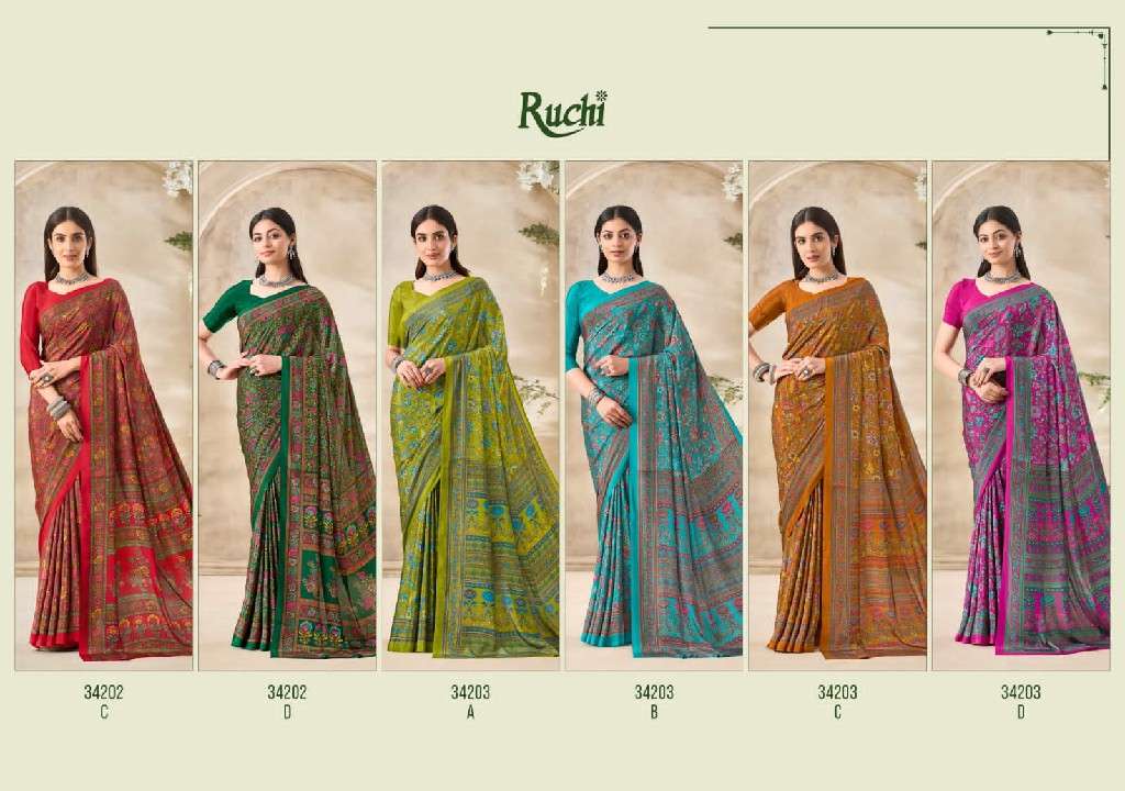 Ruchi Presents Vivanta Silk 35th Edition Silk Crepe Printed Saree Catalog Wholesaler and Exporter In surat