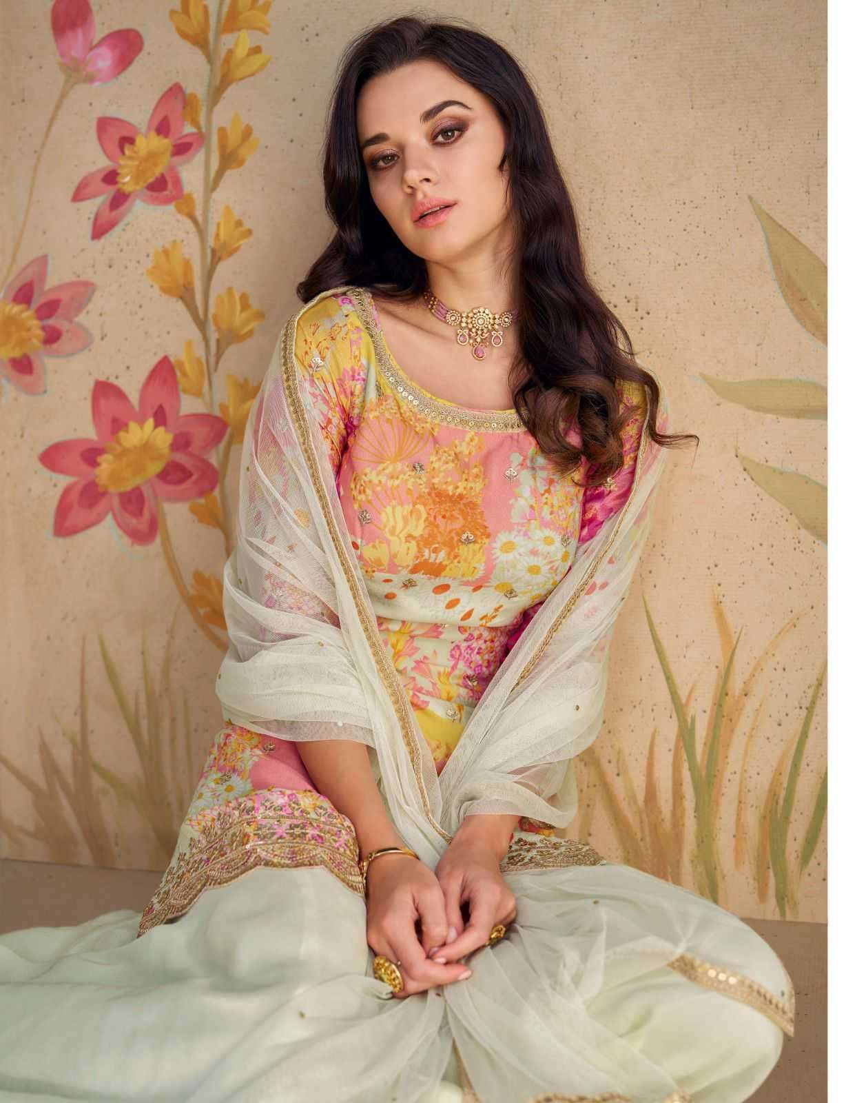 Sayuri presents Sangam chinon silk embroidery and prints work 3 pice readymade dress catalog 
