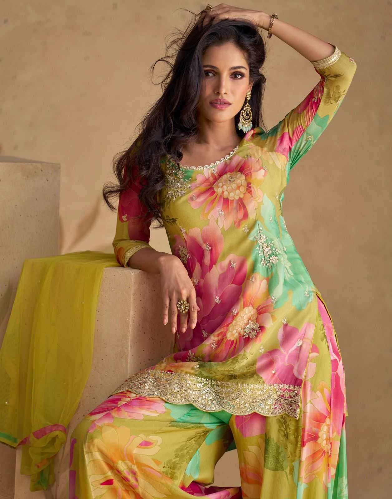 Sayuri presents Sangam chinon silk embroidery and prints work 3 pice readymade dress catalog 