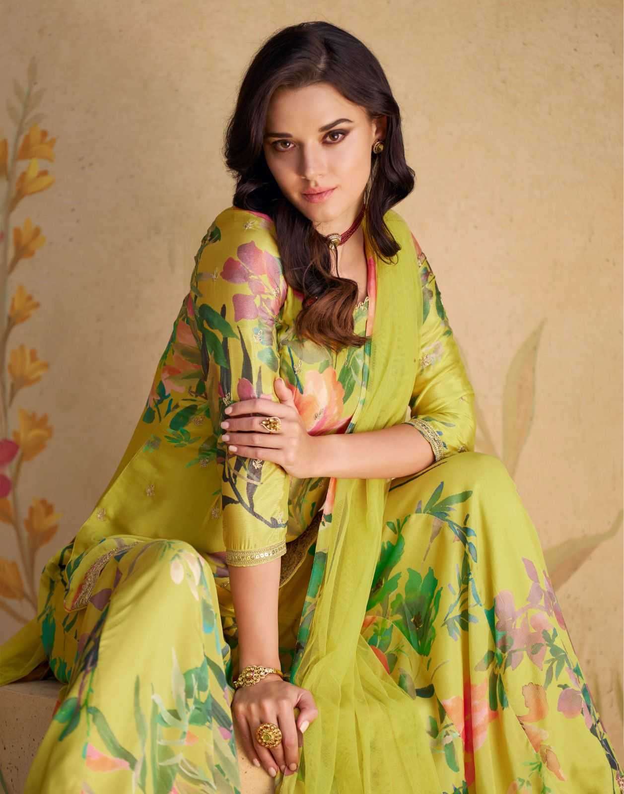 Sayuri presents Sangam chinon silk embroidery and prints work 3 pice readymade dress catalog 