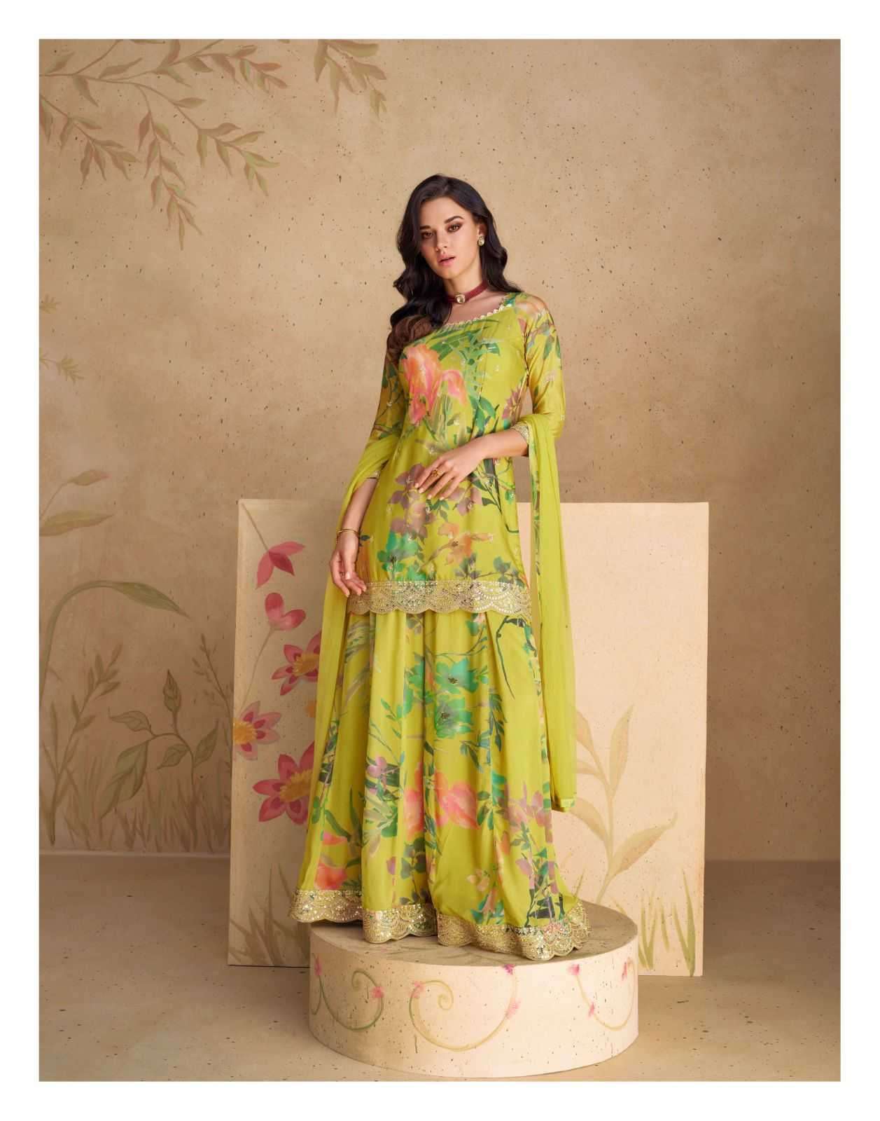 Sayuri presents Sangam chinon silk embroidery and prints work 3 pice readymade dress catalog 