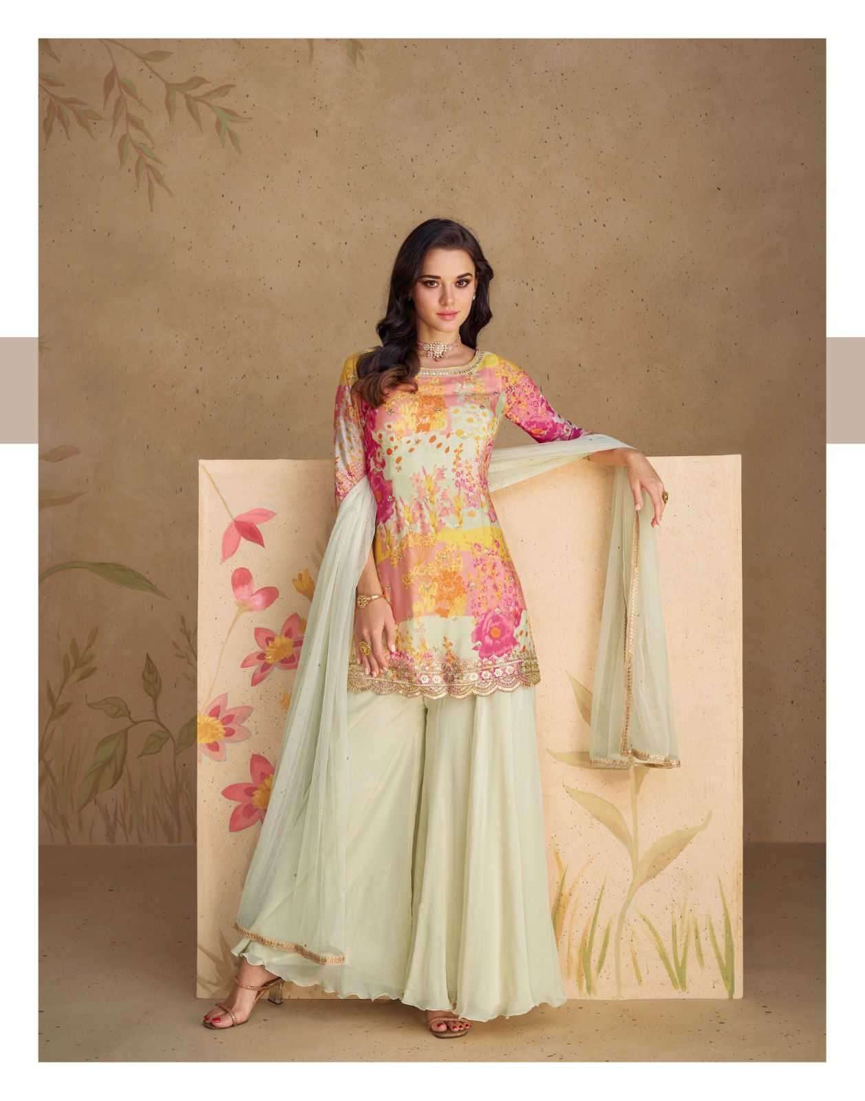 Sayuri presents Sangam chinon silk embroidery and prints work 3 pice readymade dress catalog 