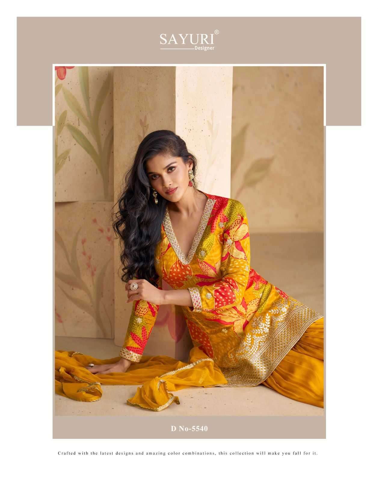 Sayuri presents Sangam chinon silk embroidery and prints work 3 pice readymade dress catalog 
