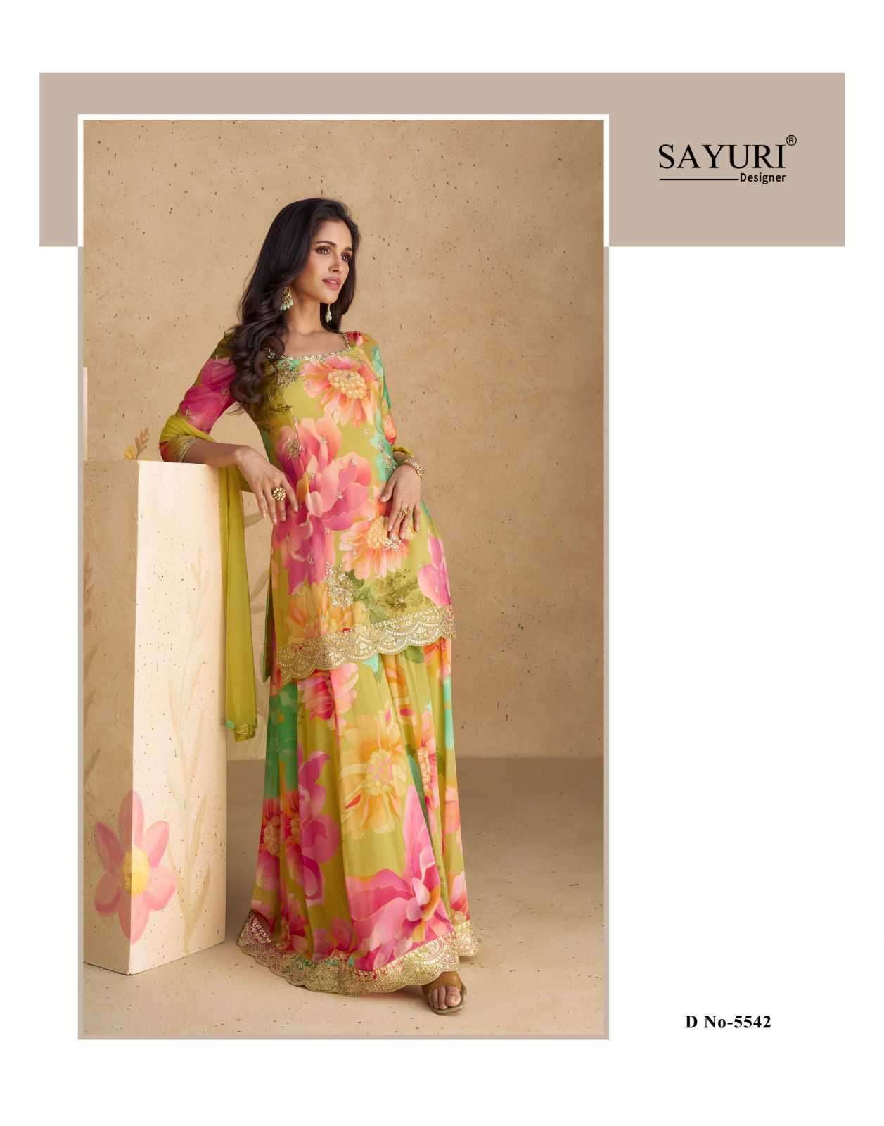 Sayuri presents Sangam chinon silk embroidery and prints work 3 pice readymade dress catalog 