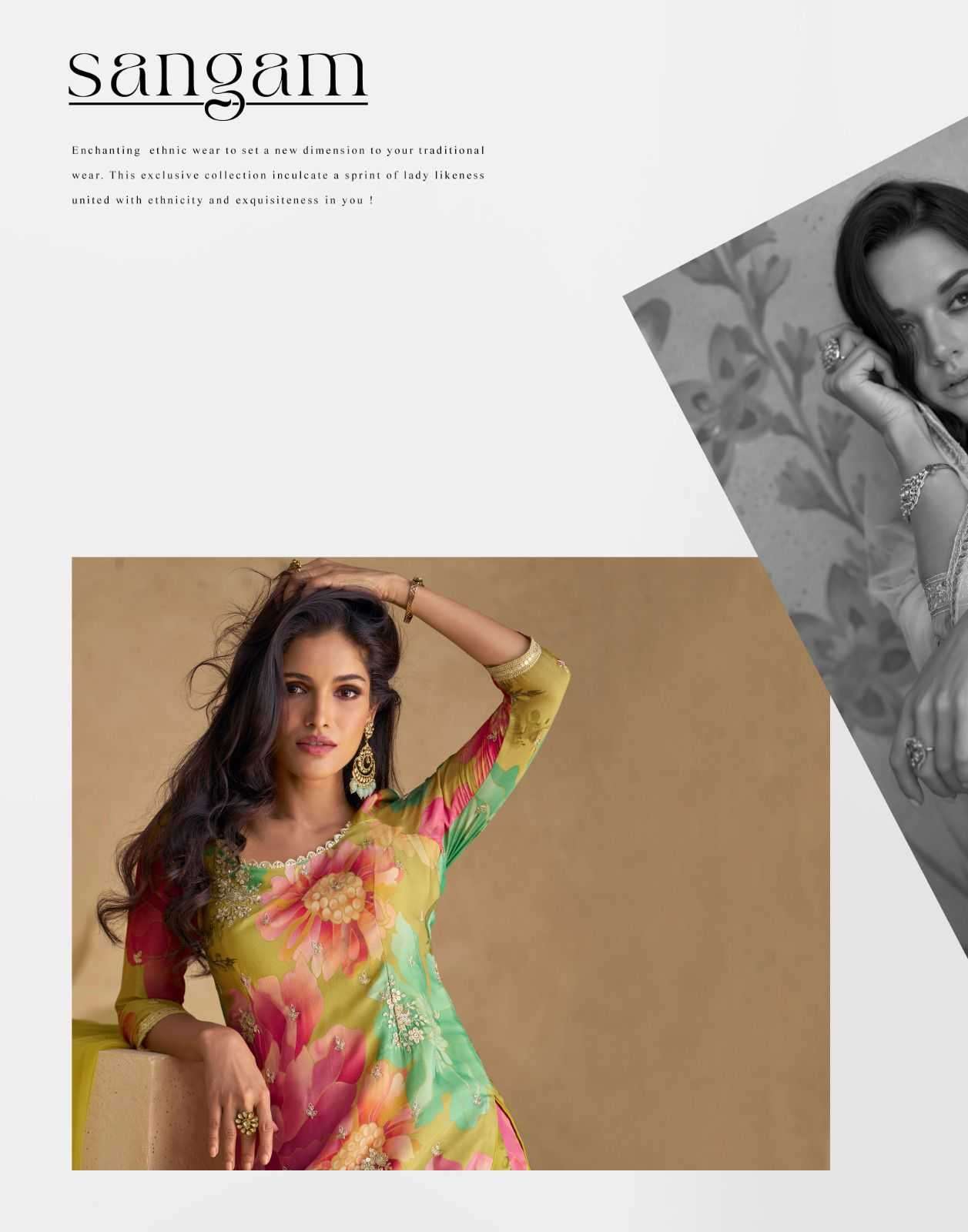 Sayuri presents Sangam chinon silk embroidery and prints work 3 pice readymade dress catalog 