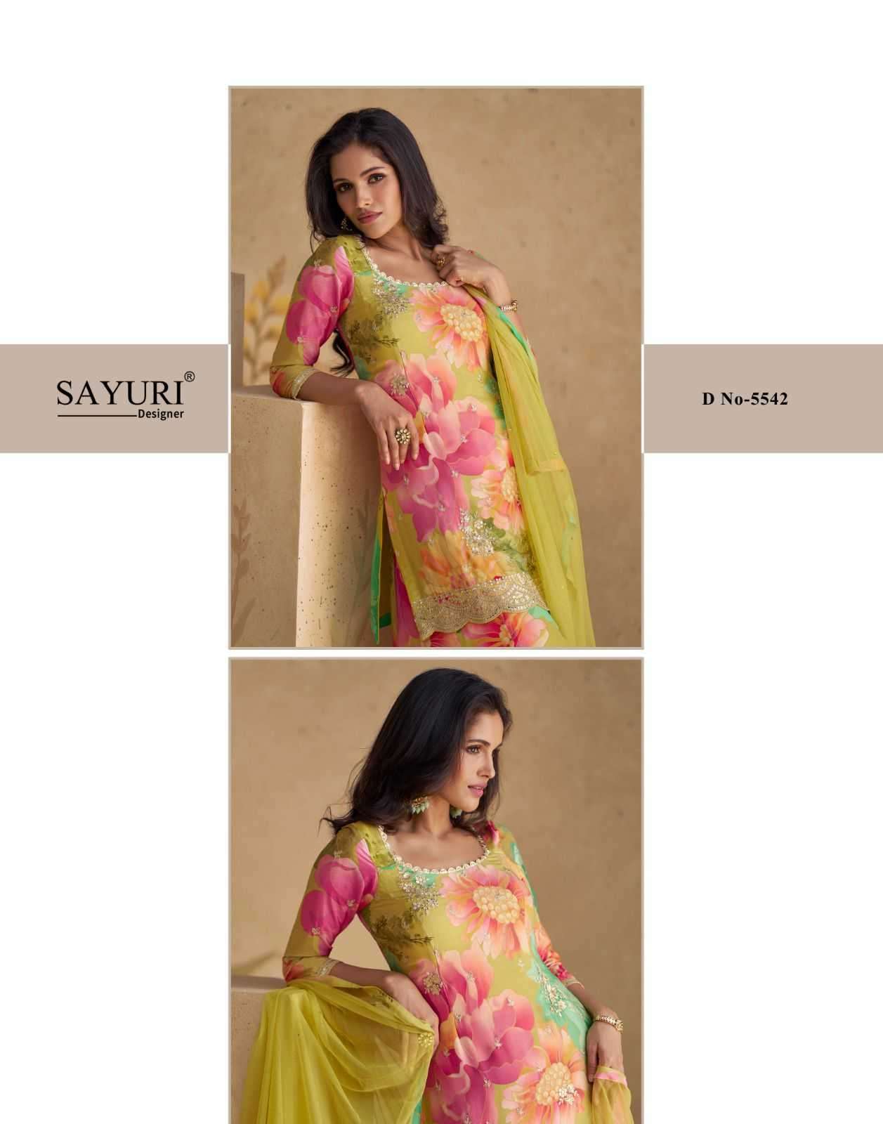 Sayuri presents Sangam chinon silk embroidery and prints work 3 pice readymade dress catalog 