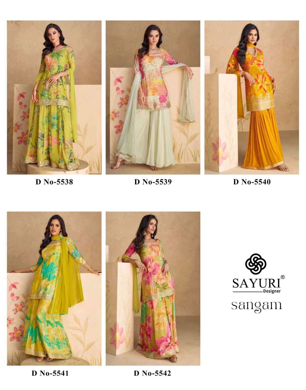 Sayuri presents Sangam chinon silk embroidery and prints work 3 pice readymade dress catalog 