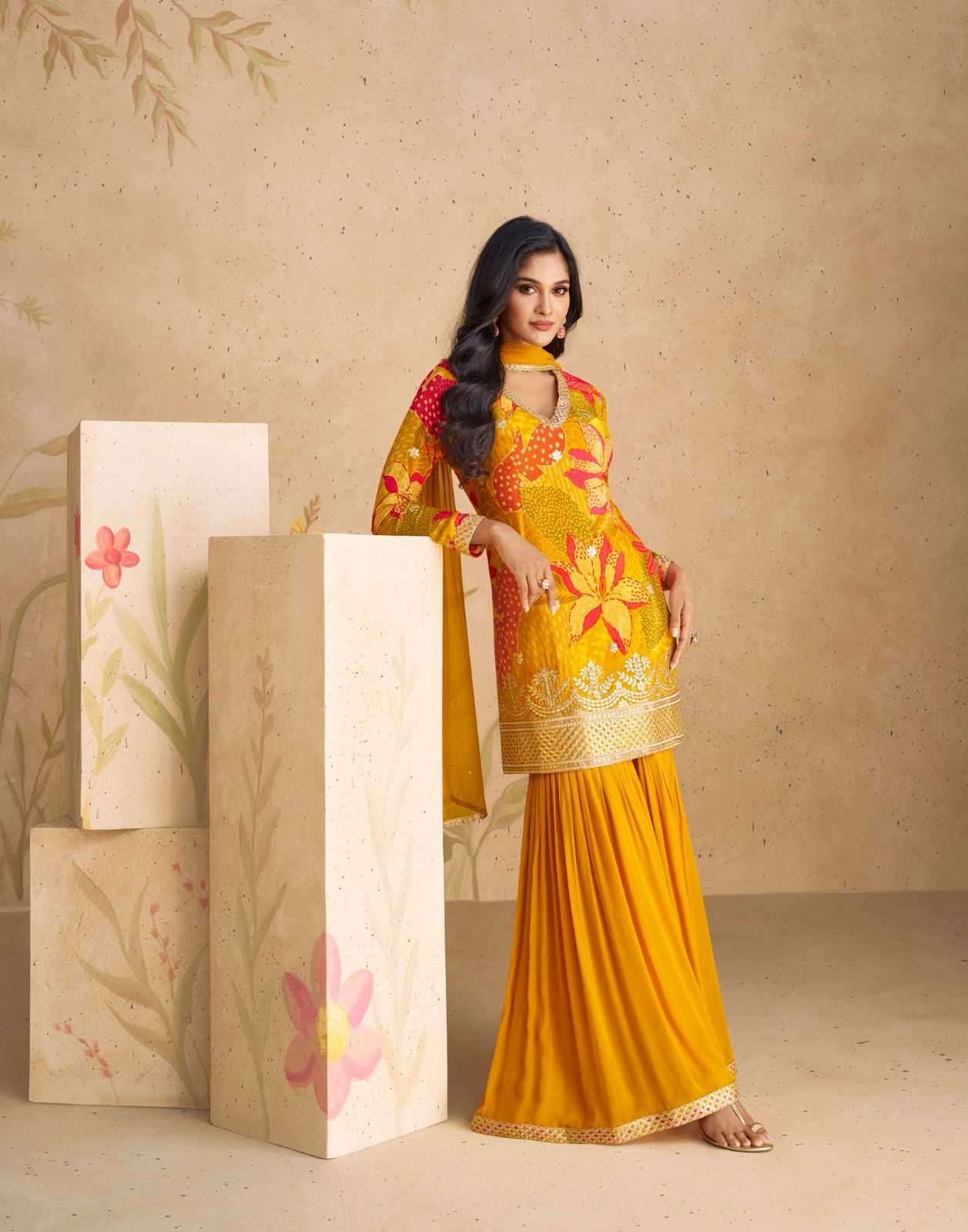 Sayuri presents Sangam chinon silk embroidery and prints work 3 pice readymade dress catalog 