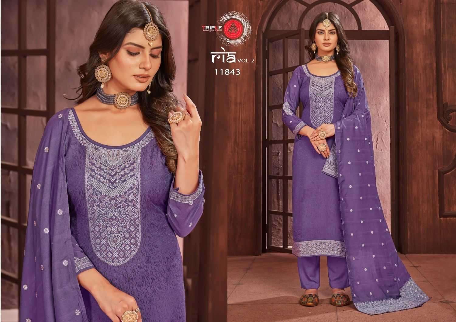 TRIPLE A PRESENTS RIA VOL-2 MUSLIN DESIGNER WEAVING LAKHNAVI WORK UNSTITCH SALWAR SUIT CATALOG WHOLESALER AND EXPORTER IN SURAT