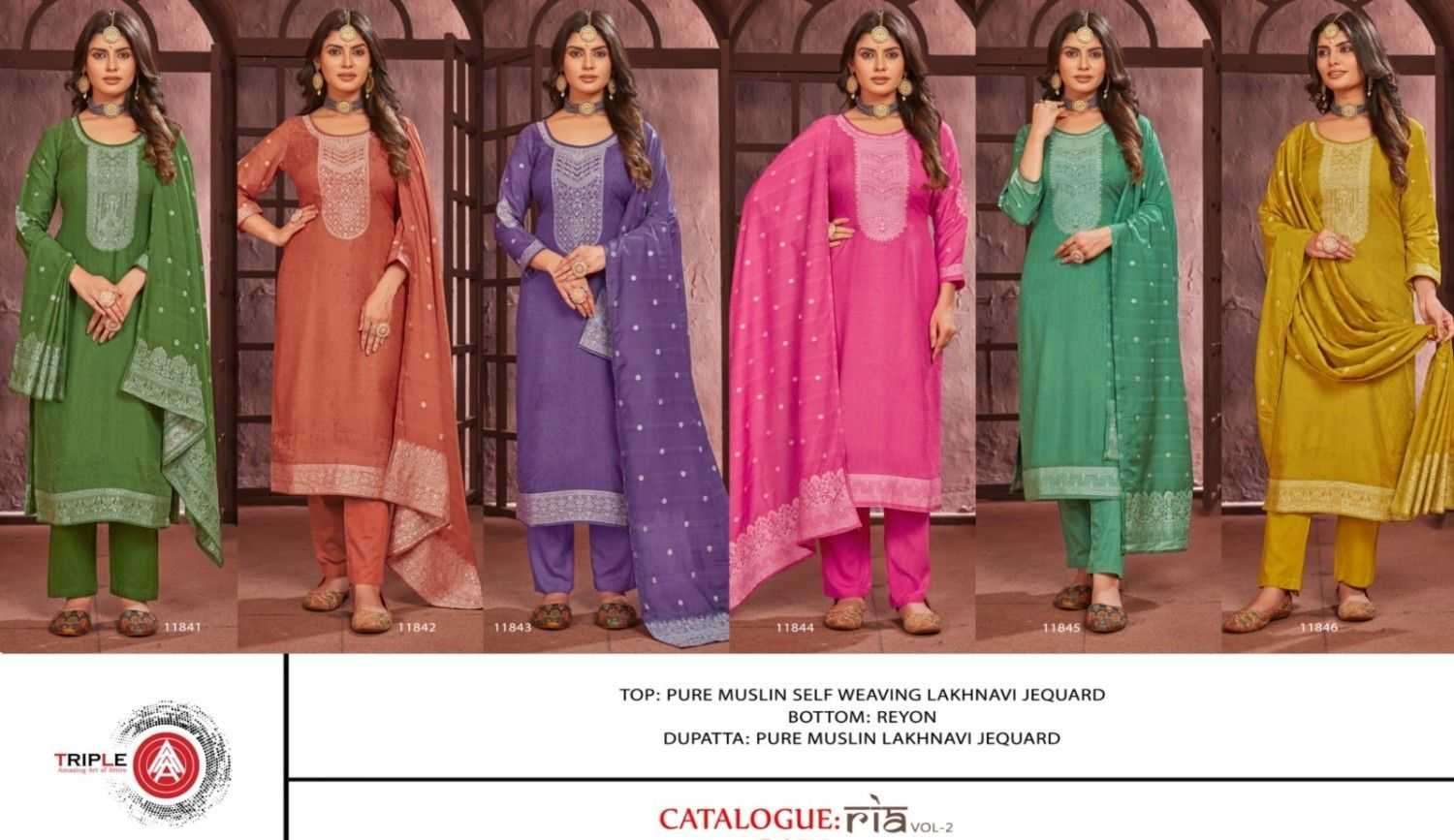 TRIPLE A PRESENTS RIA VOL-2 MUSLIN DESIGNER WEAVING LAKHNAVI WORK UNSTITCH SALWAR SUIT CATALOG WHOLESALER AND EXPORTER IN SURAT