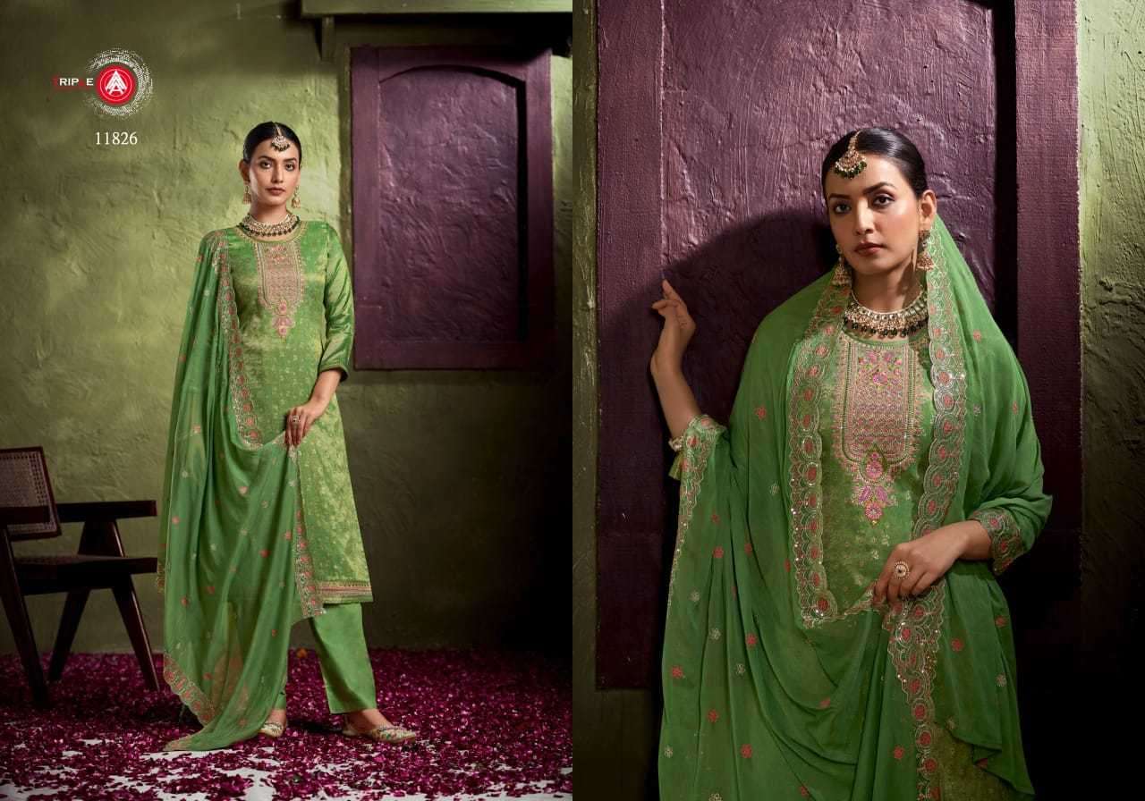 TRIPLE A PRESENTS VIHA SIMAR TISUE ATTRACTIVE DESIGN MINAKARI WORK DRESS MATERIAL CATALOG WHOLESALER AND EXPORTER IN SURAT