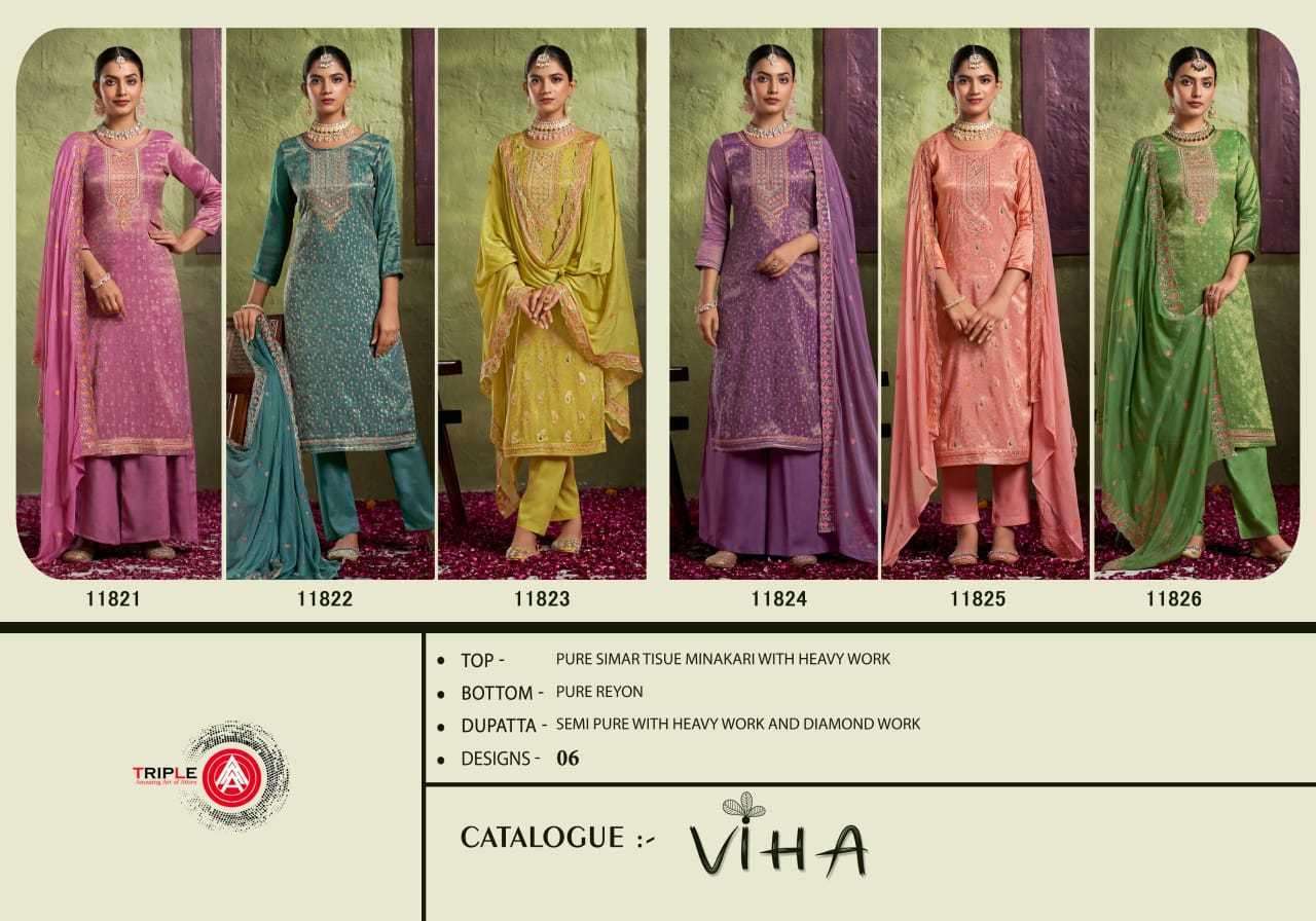 TRIPLE A PRESENTS VIHA SIMAR TISUE ATTRACTIVE DESIGN MINAKARI WORK DRESS MATERIAL CATALOG WHOLESALER AND EXPORTER IN SURAT