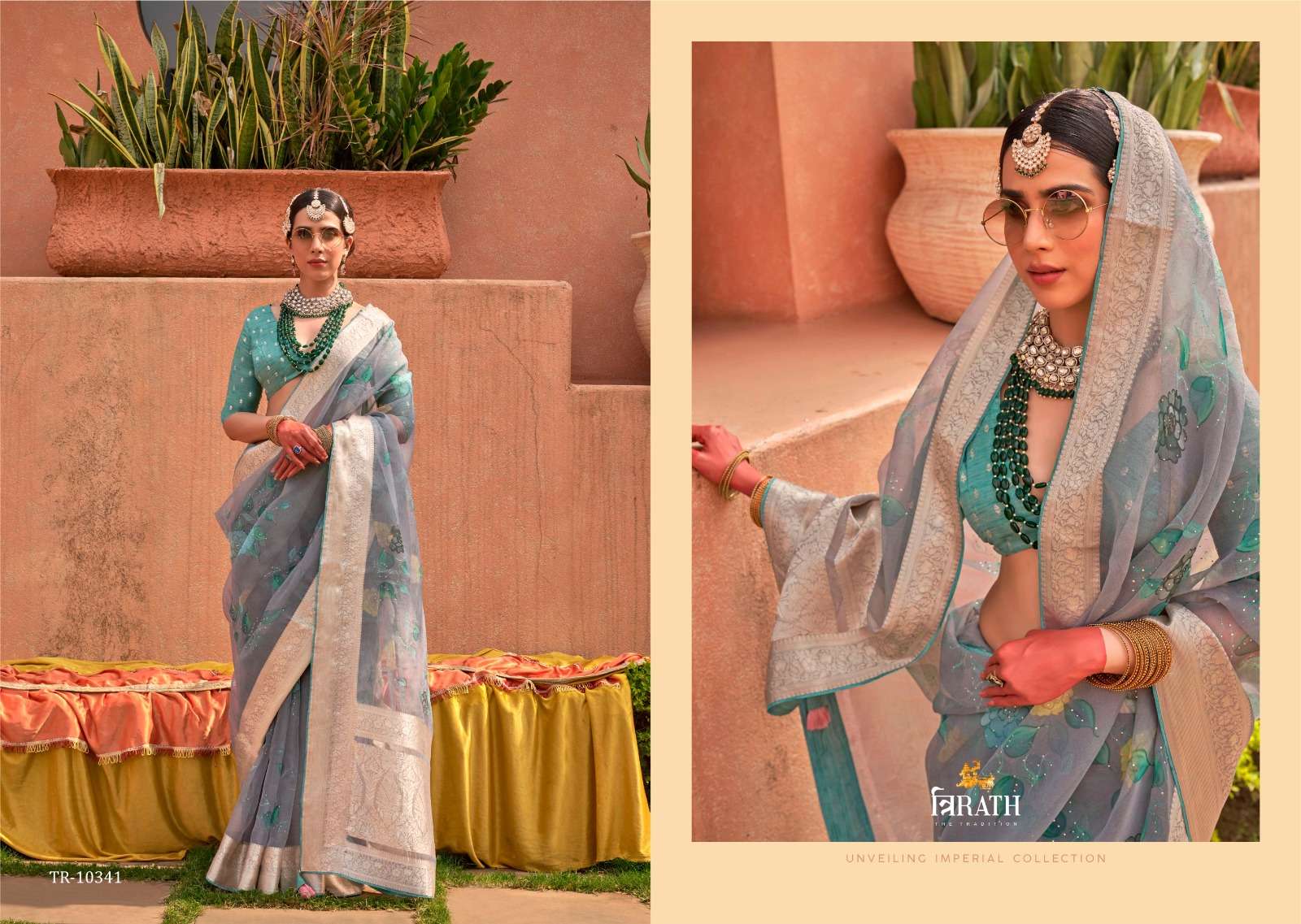 TRIRATH PRESENT GEETANJALI SERIES FUNCTION WEAR UNIQUE ORGANZASILK SAREES CATALOG WHOLESALER AND EXPORTER IN SURAT 