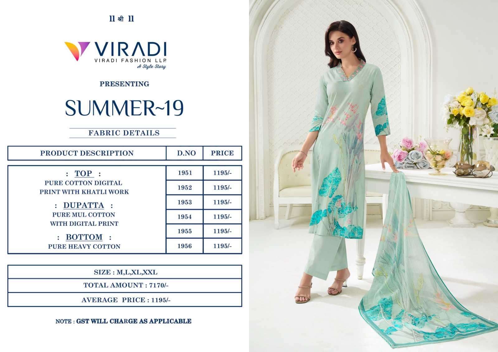 VIRADI BY VATSAM PRESENTS SUMMER VOL-19 COTTON EXCLUSIVE DESIGN FULL STITCH 3PCS CATALOG WHOLESALER AND EXPORTER IN SURAT